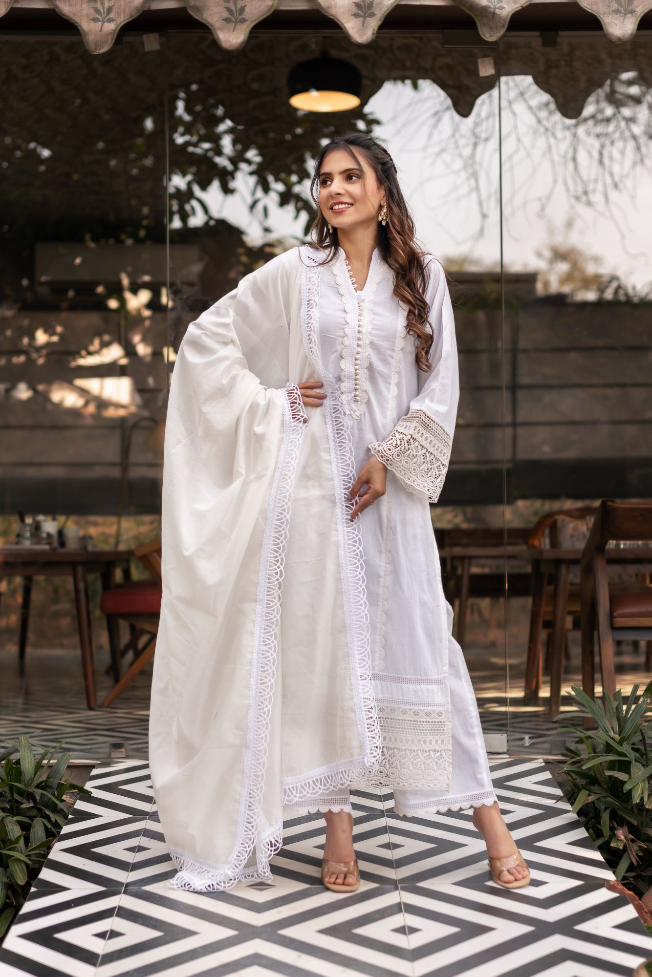 Snow White Cotton Lace Work Kurta Set