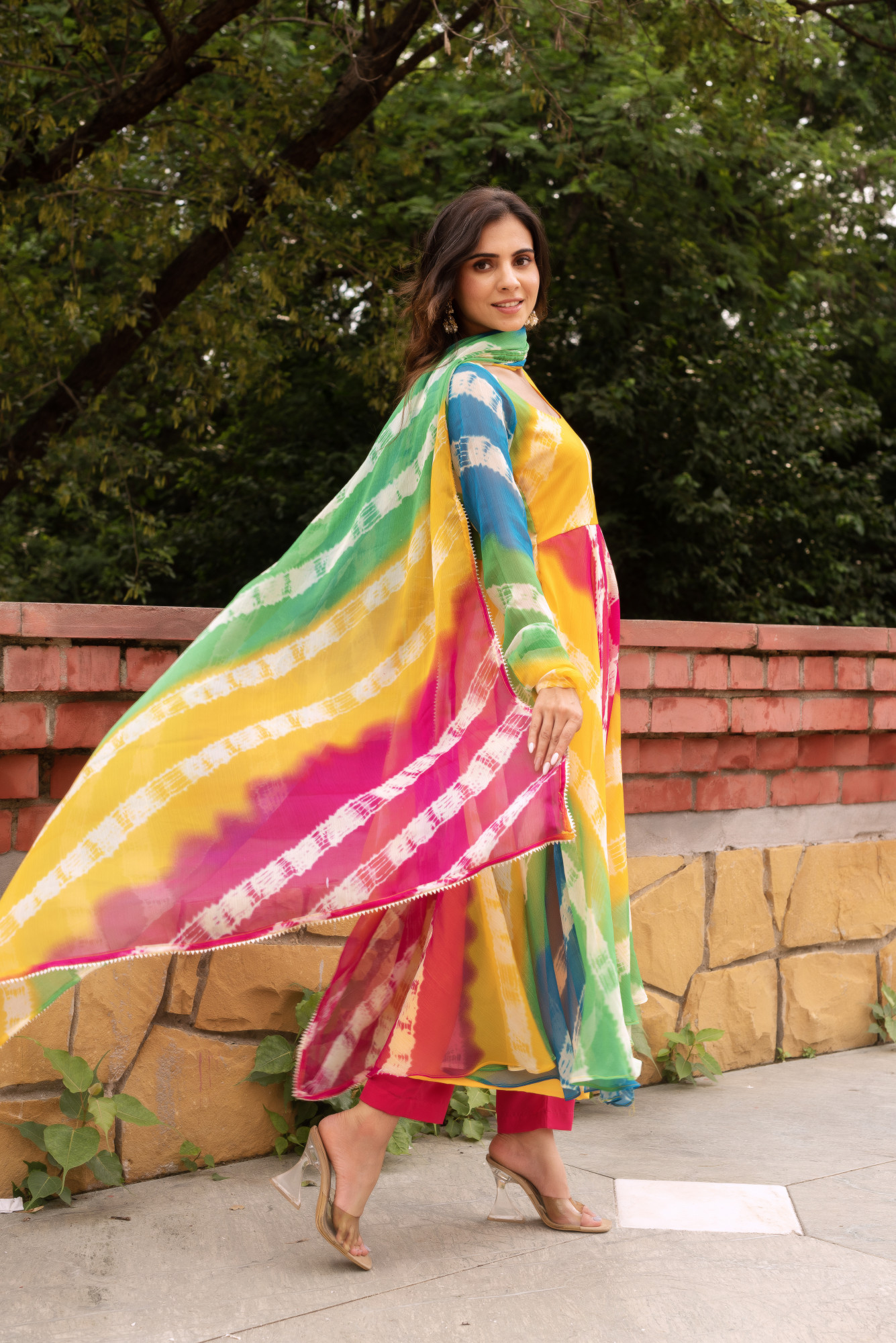Multicolour Lehriya Chiffon Anarkali Suit Set
