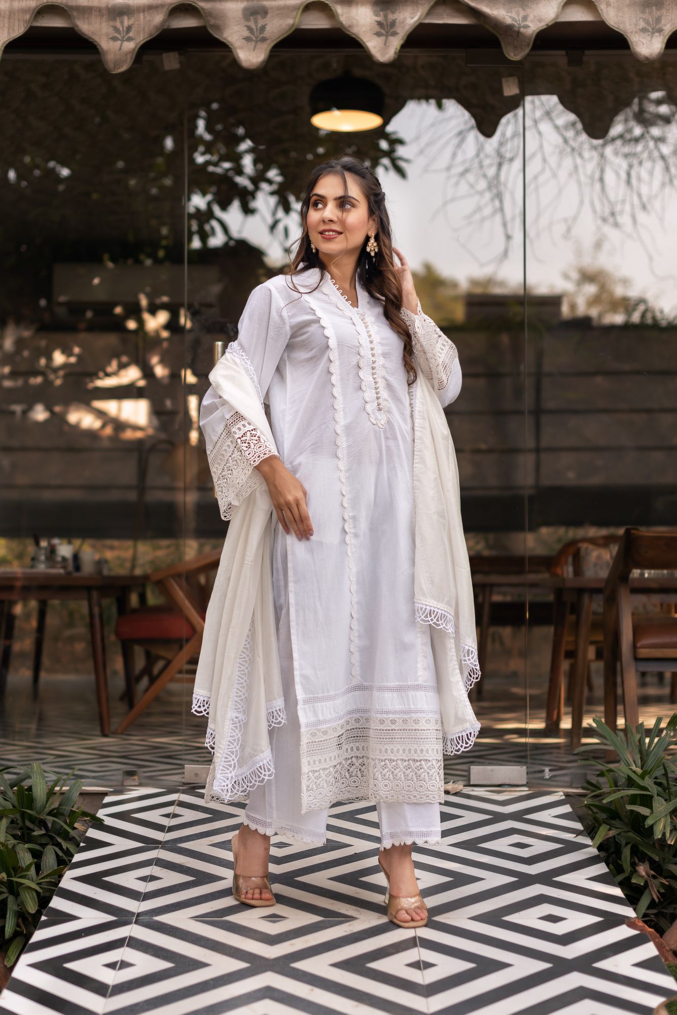 Snow White Cotton Lace Work Kurta Set