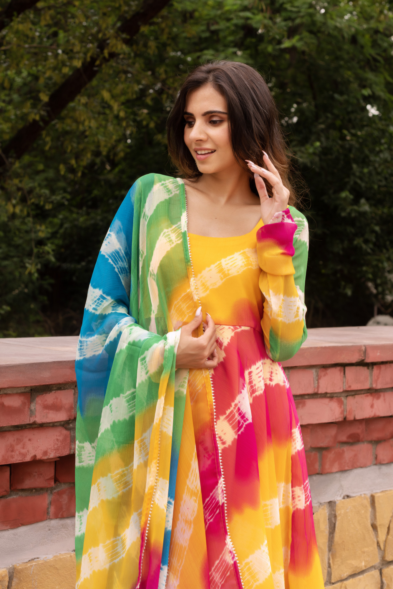 Multicolour Lehriya Chiffon Anarkali Suit Set