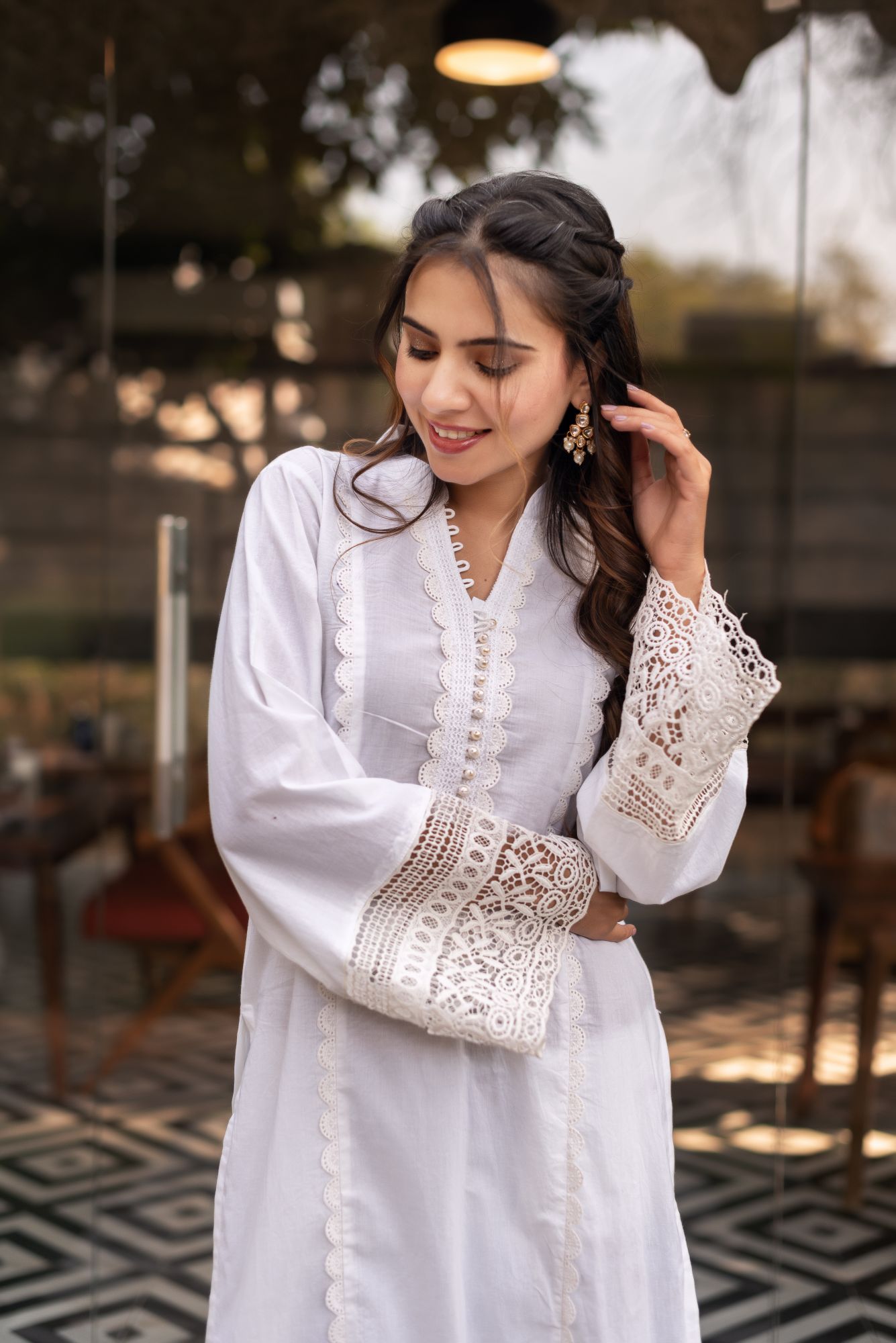 Snow White Cotton Lace Work Kurta Set