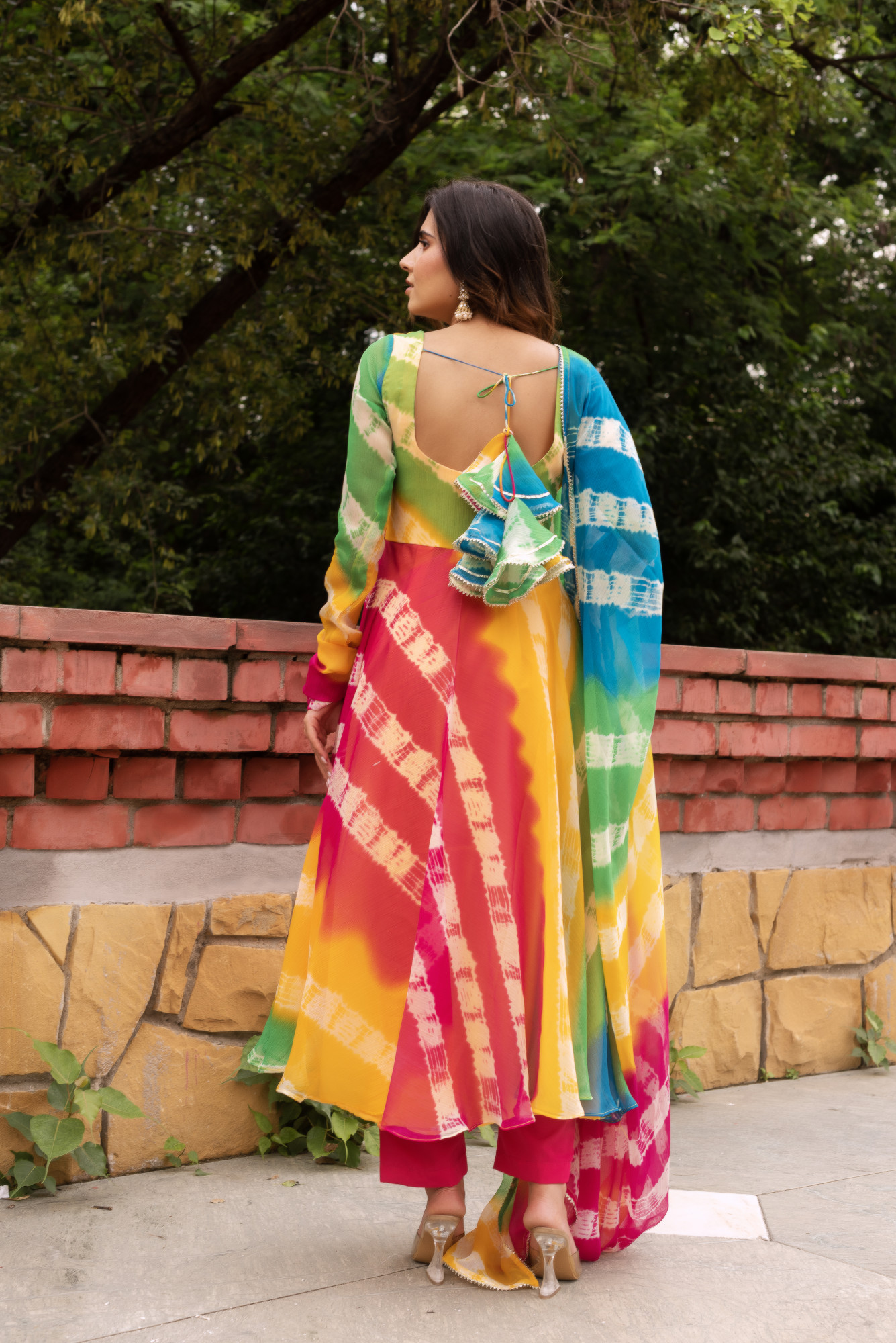 Multicolour Lehriya Chiffon Anarkali Suit Set