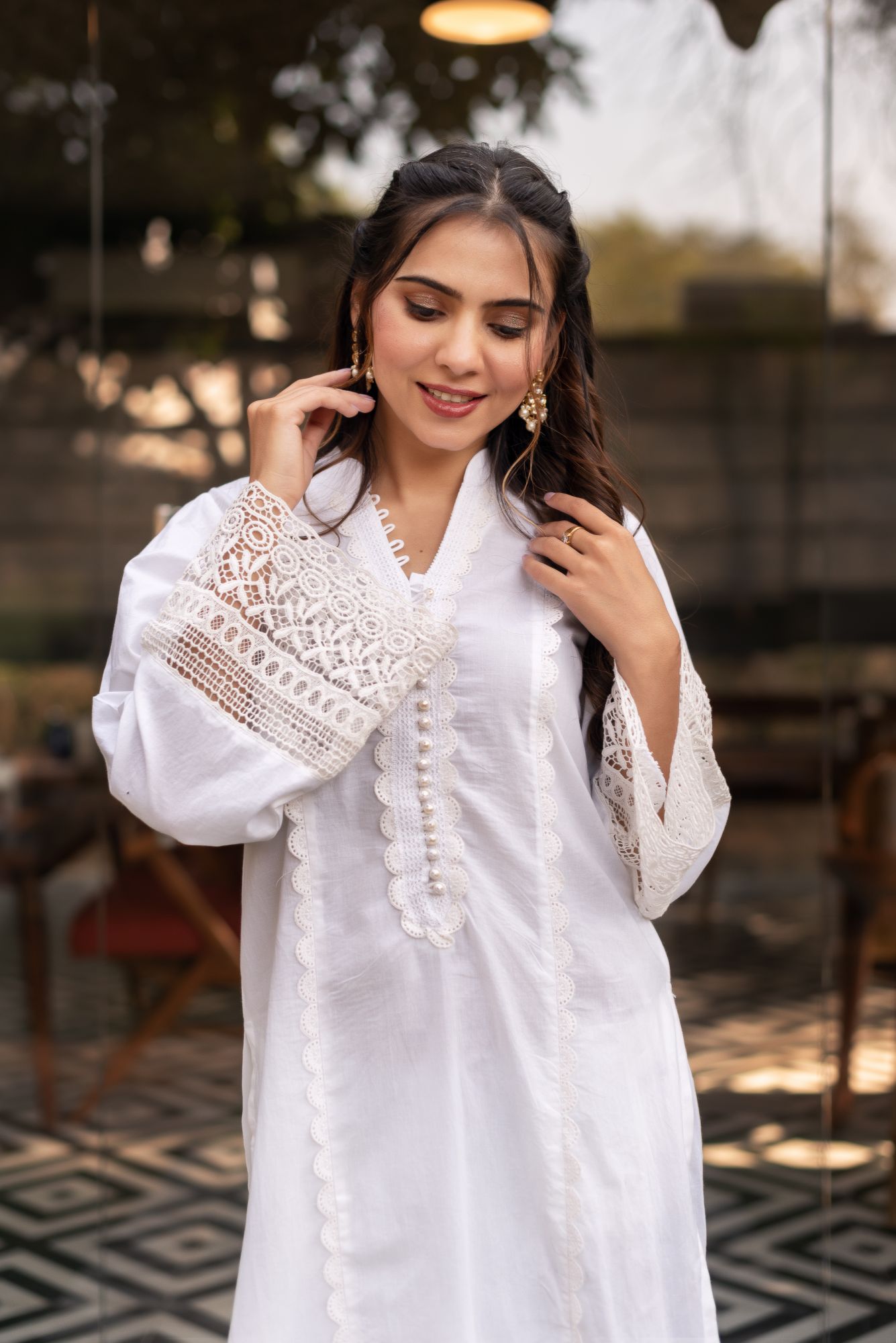 Snow White Cotton Lace Work Kurta Set
