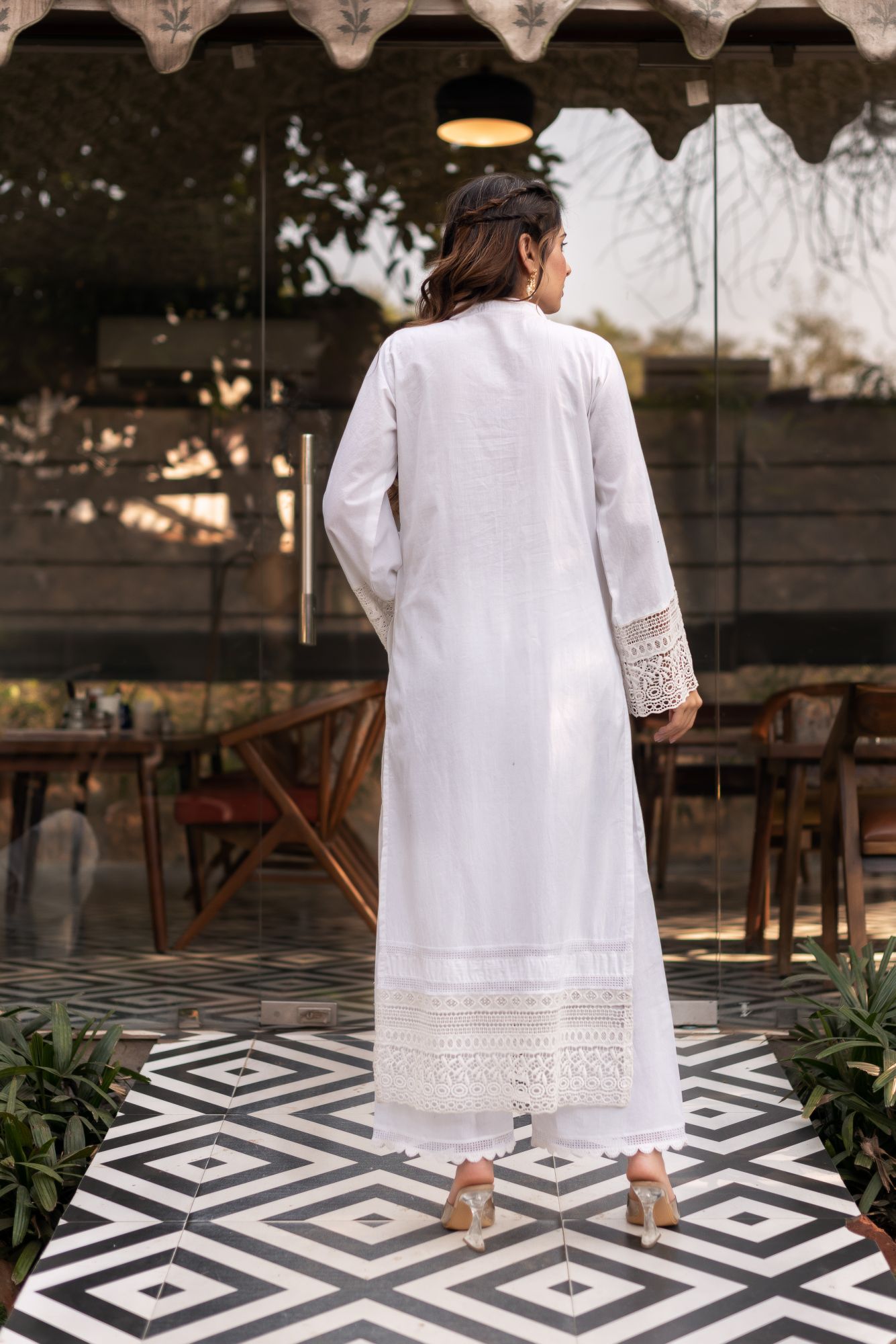 Snow White Cotton Lace Work Kurta Set