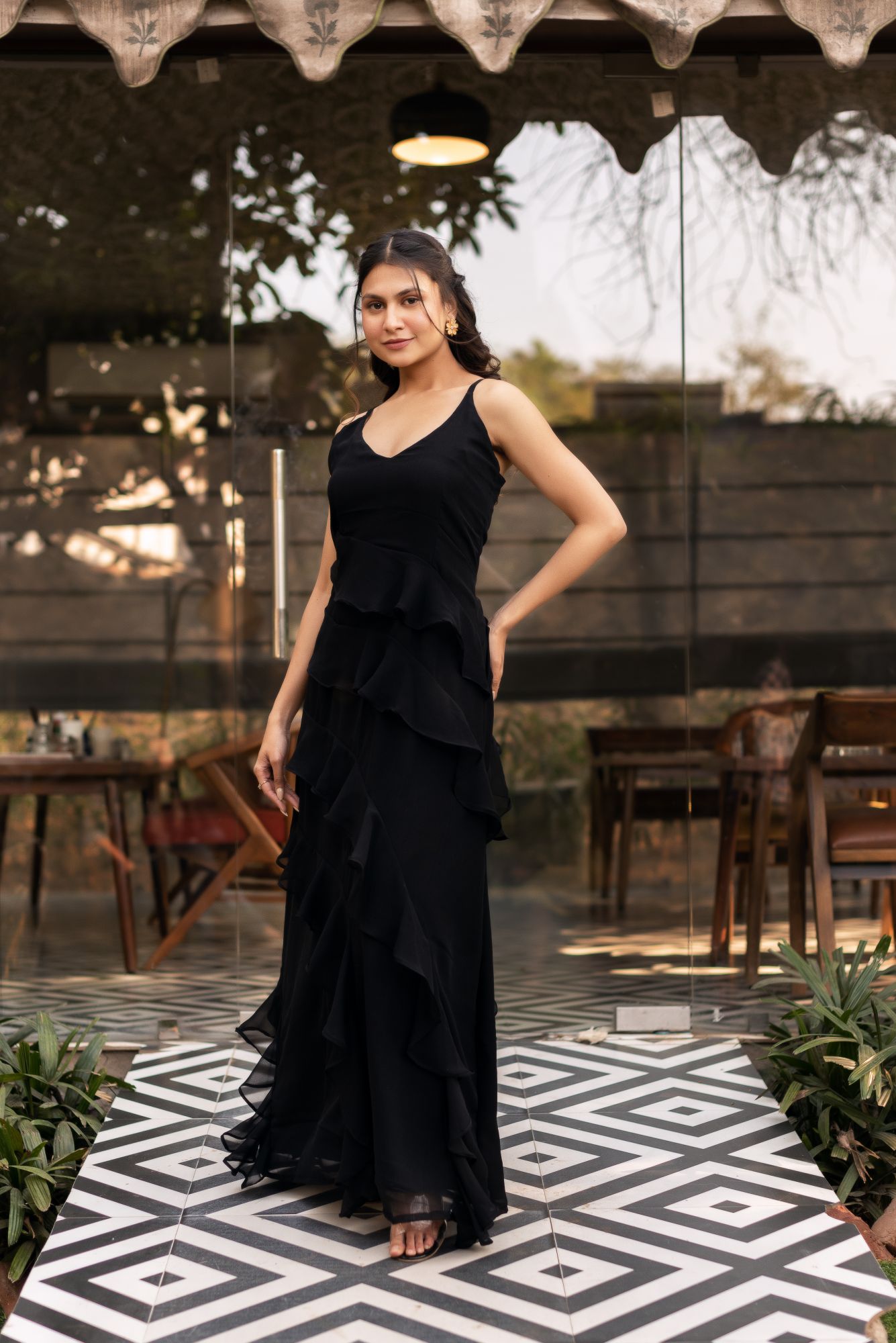 Black Georgette Ruffle Dress