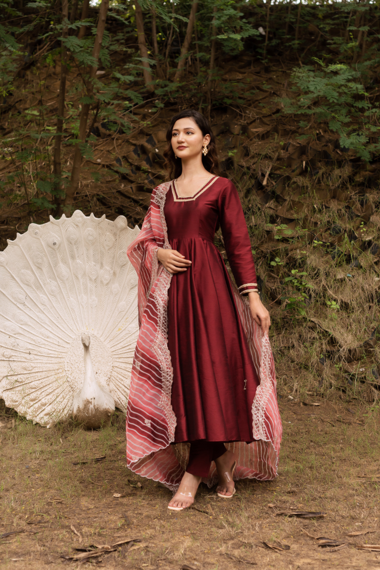 Maroon Taffeta Anarkali Suit With Lehriya Embellished Dupatta