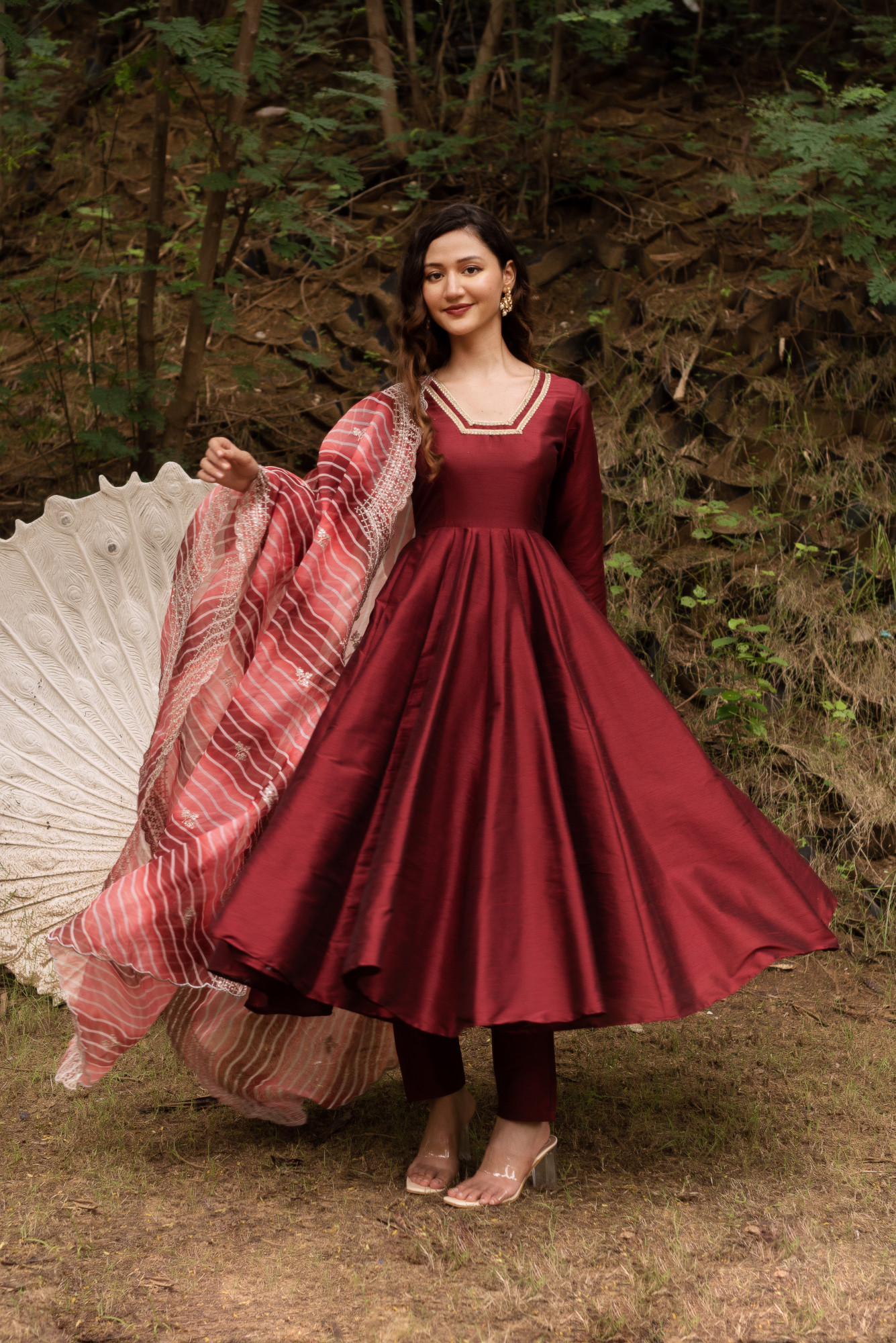 Maroon Taffeta Anarkali Suit With Lehriya Embellished Dupatta