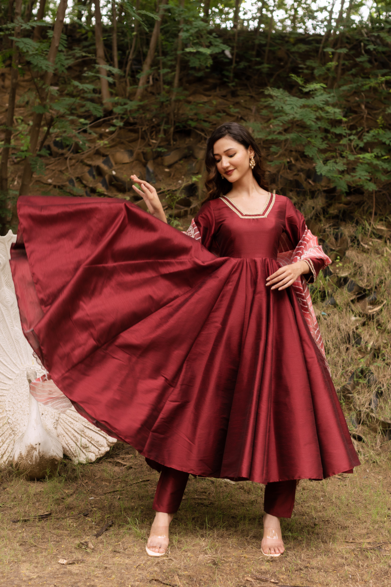 Maroon Taffeta Anarkali Suit With Lehriya Embellished Dupatta