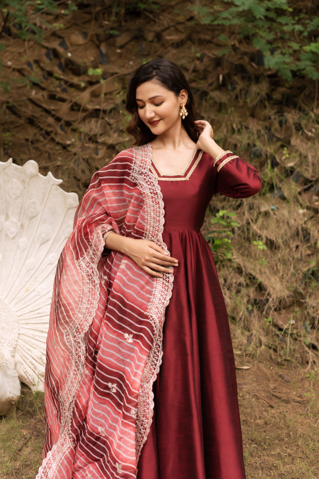 Maroon Taffeta Anarkali Suit With Lehriya Embellished Dupatta