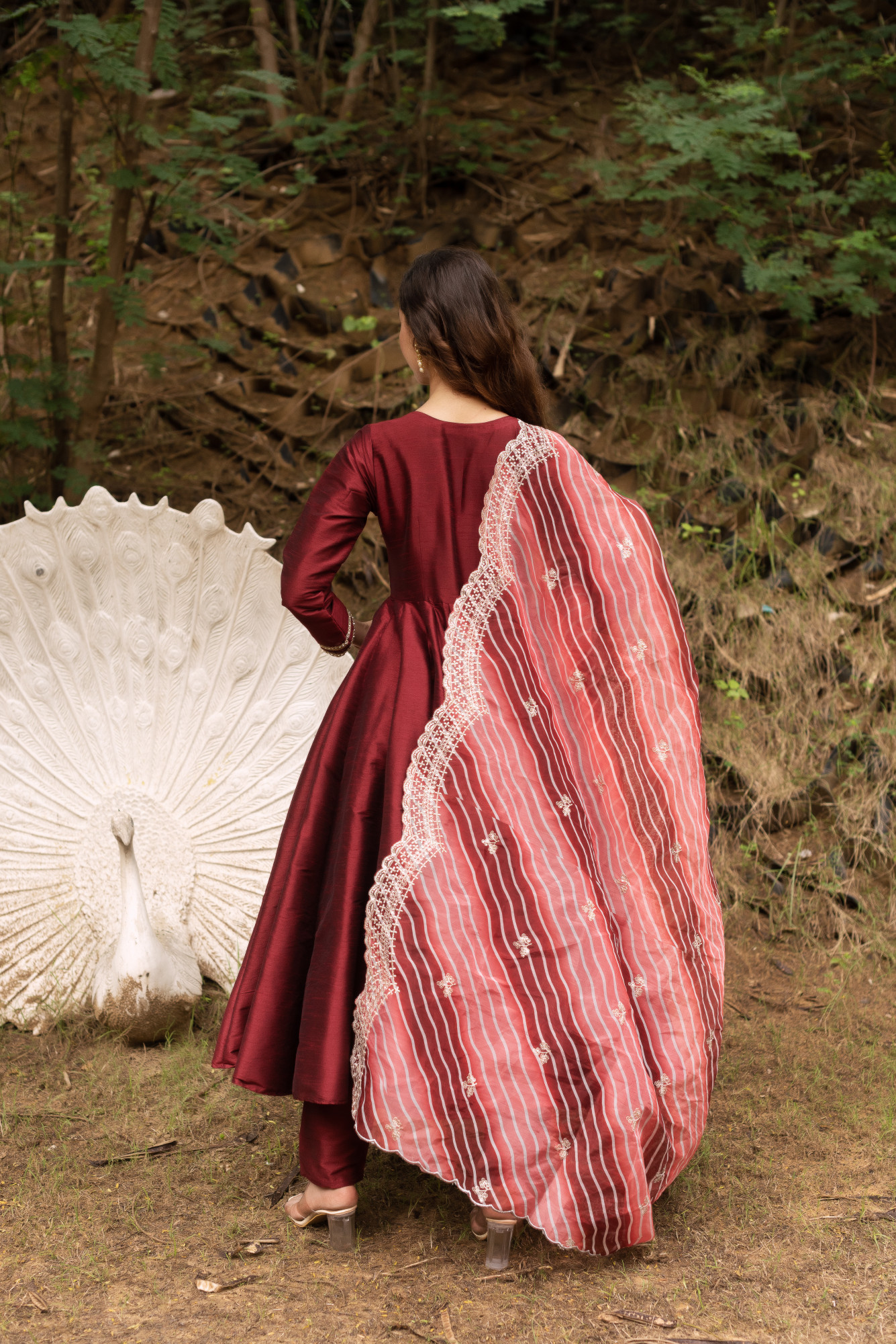 Maroon Taffeta Anarkali Suit With Lehriya Embellished Dupatta
