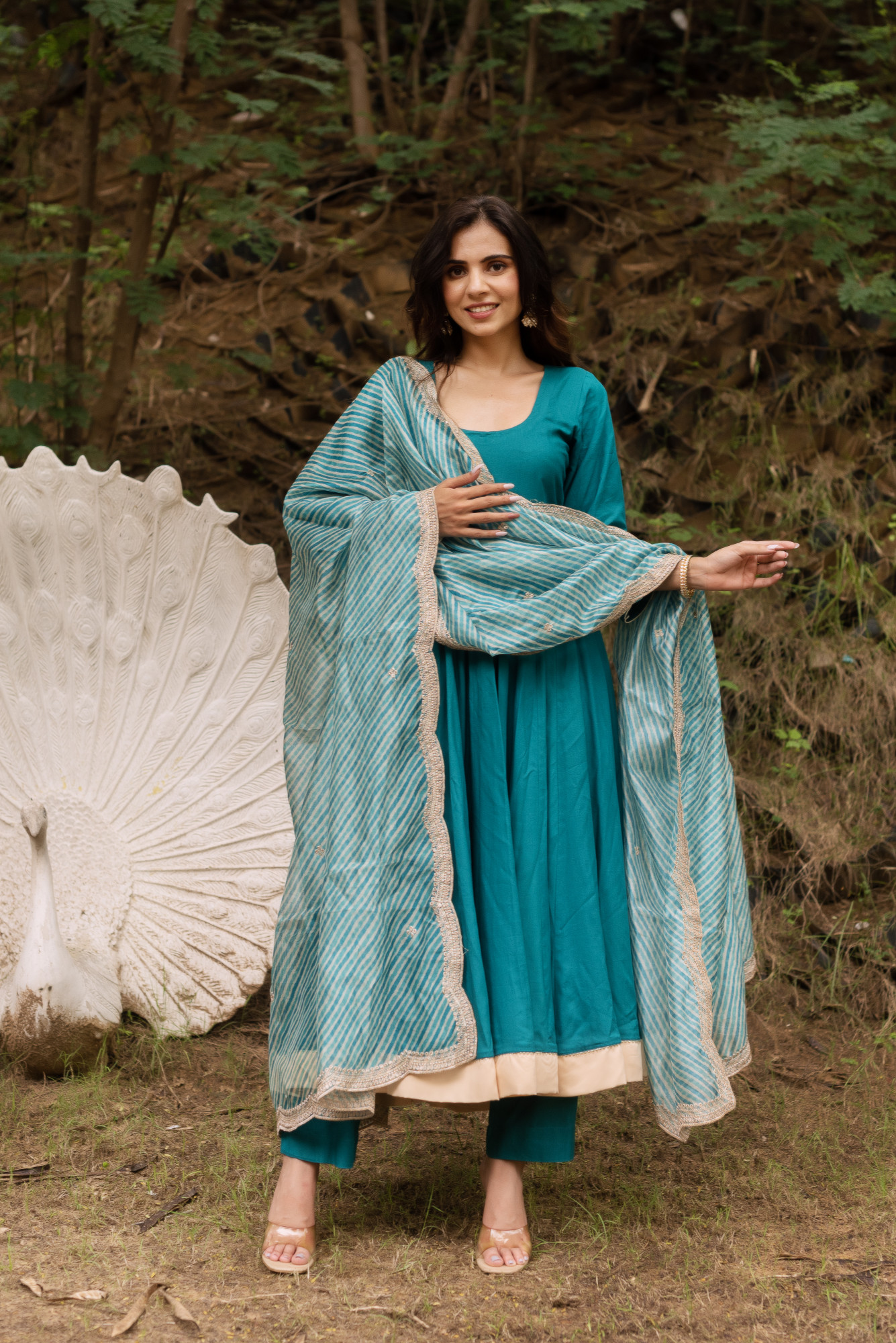 Sea Green Anarkali Suit With Lehriya Embellished Dupatta