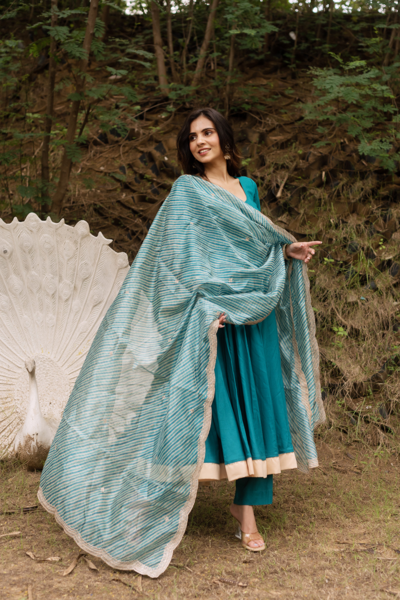 Sea Green Anarkali Suit With Lehriya Embellished Dupatta