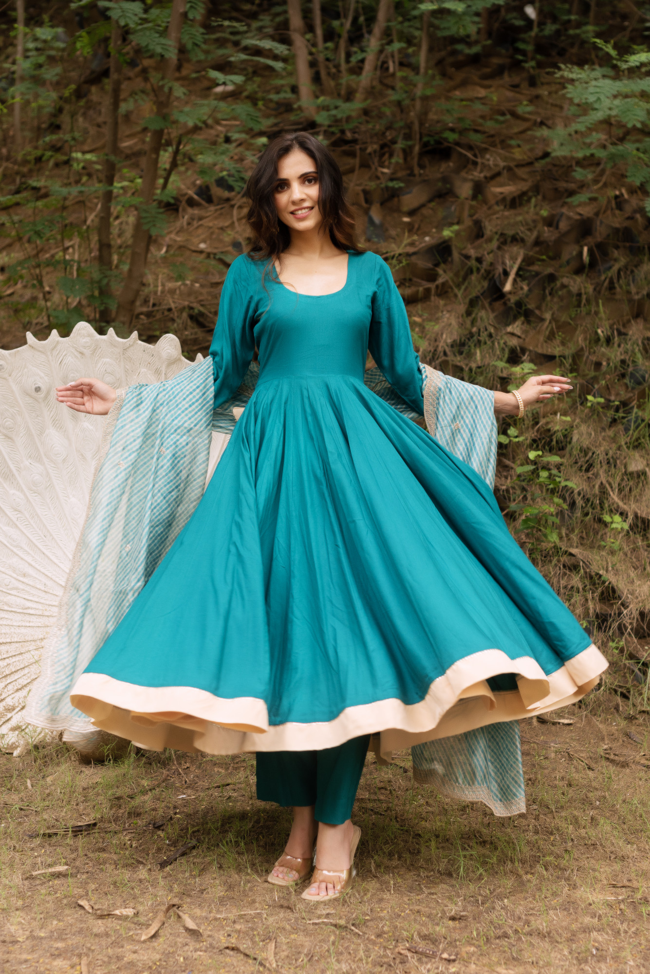 Sea Green Anarkali Suit With Lehriya Embellished Dupatta