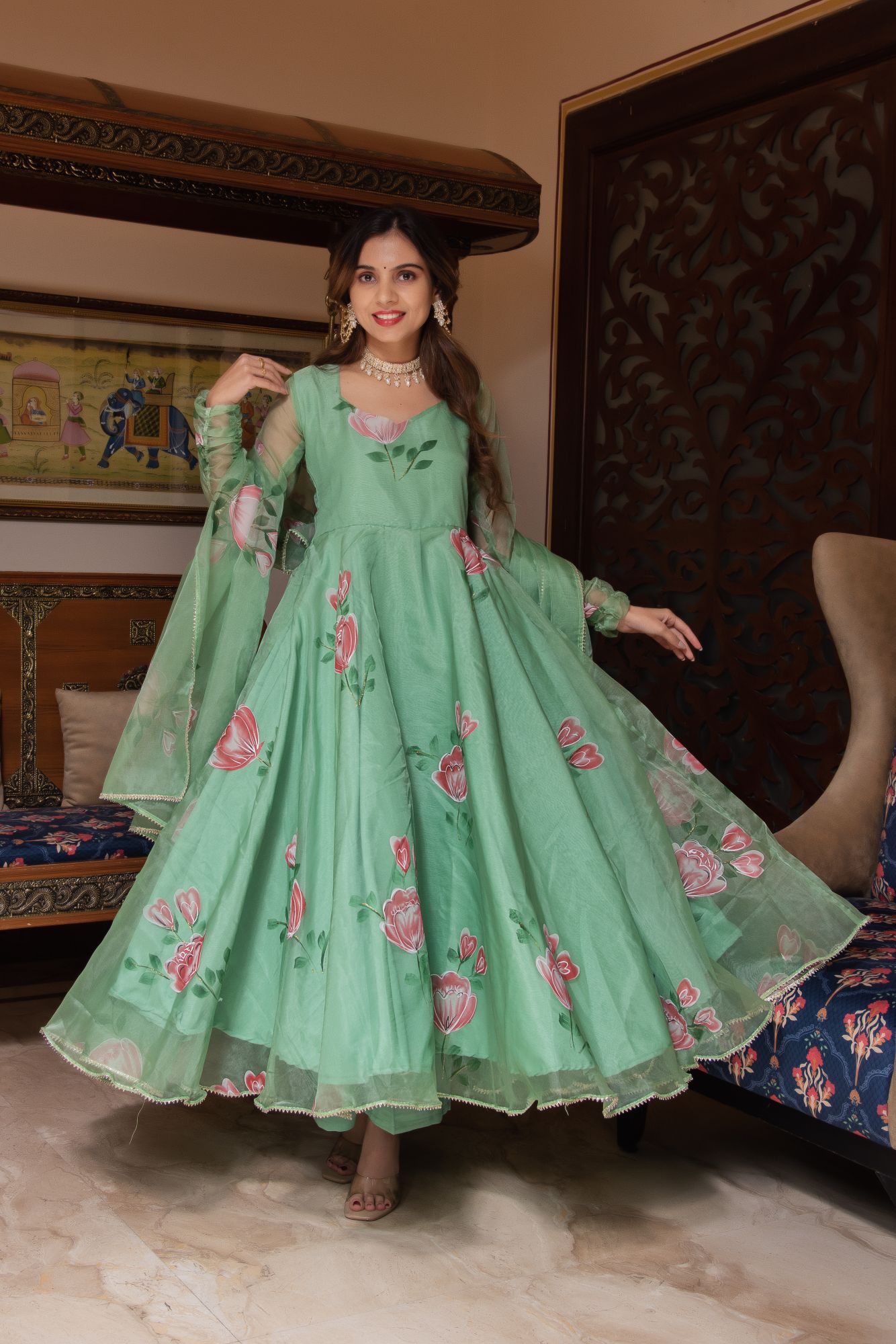 Sea Green Handpainted Gotapatti Suit Set