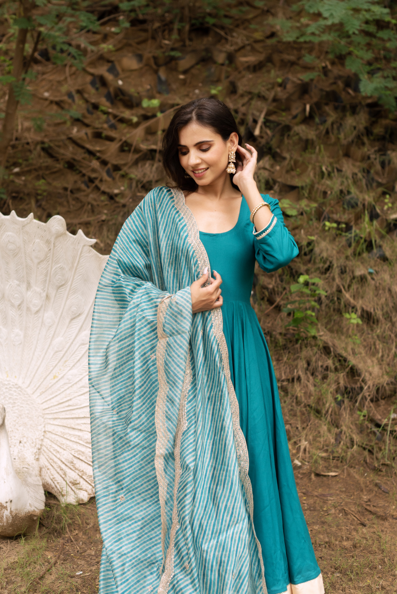 Sea Green Anarkali Suit With Lehriya Embellished Dupatta