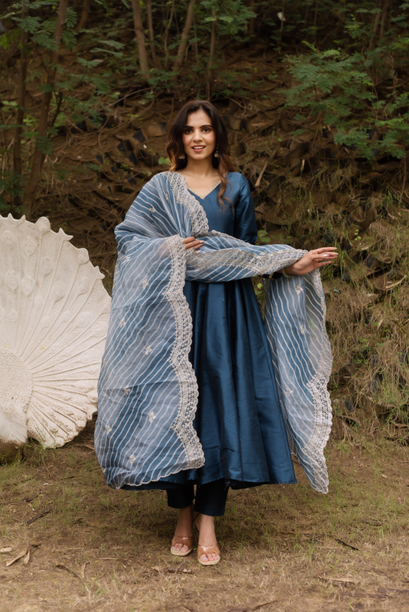 Dark Blue Taffeta Anarkali Suit With Lehriya Embellished Dupatta