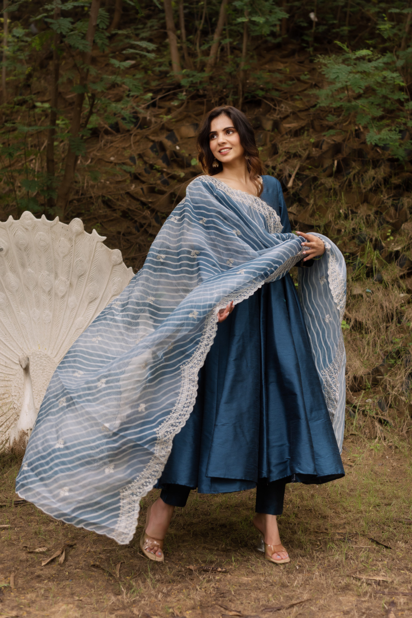 Dark Blue Taffeta Anarkali Suit With Lehriya Embellished Dupatta