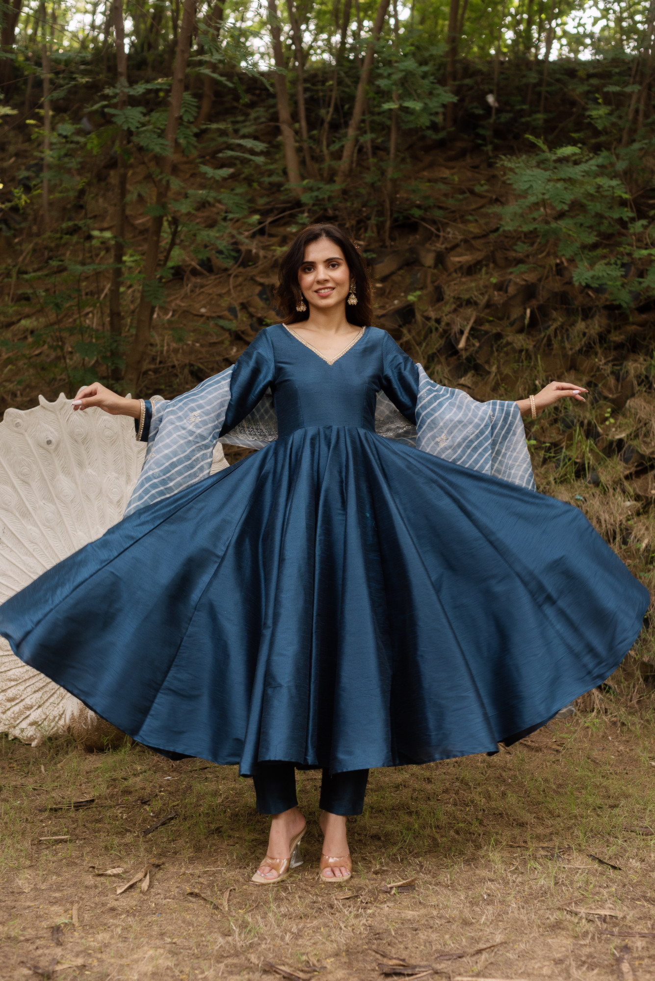 Dark Blue Taffeta Anarkali Suit With Lehriya Embellished Dupatta