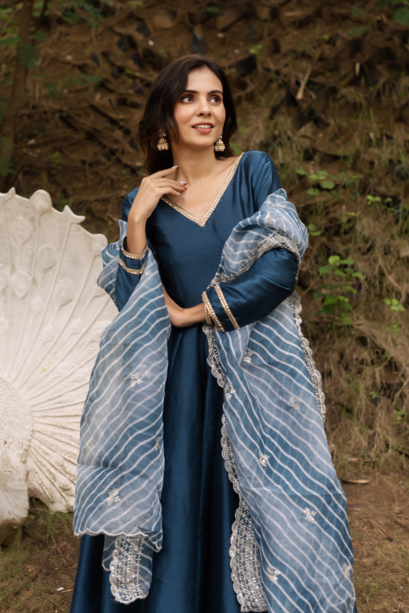 Dark Blue Taffeta Anarkali Suit With Lehriya Embellished Dupatta