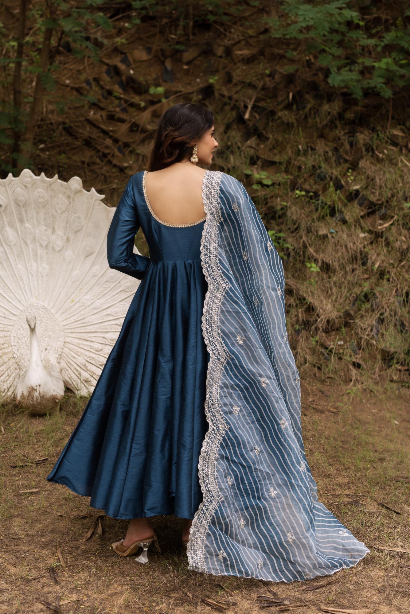 Dark Blue Taffeta Anarkali Suit With Lehriya Embellished Dupatta
