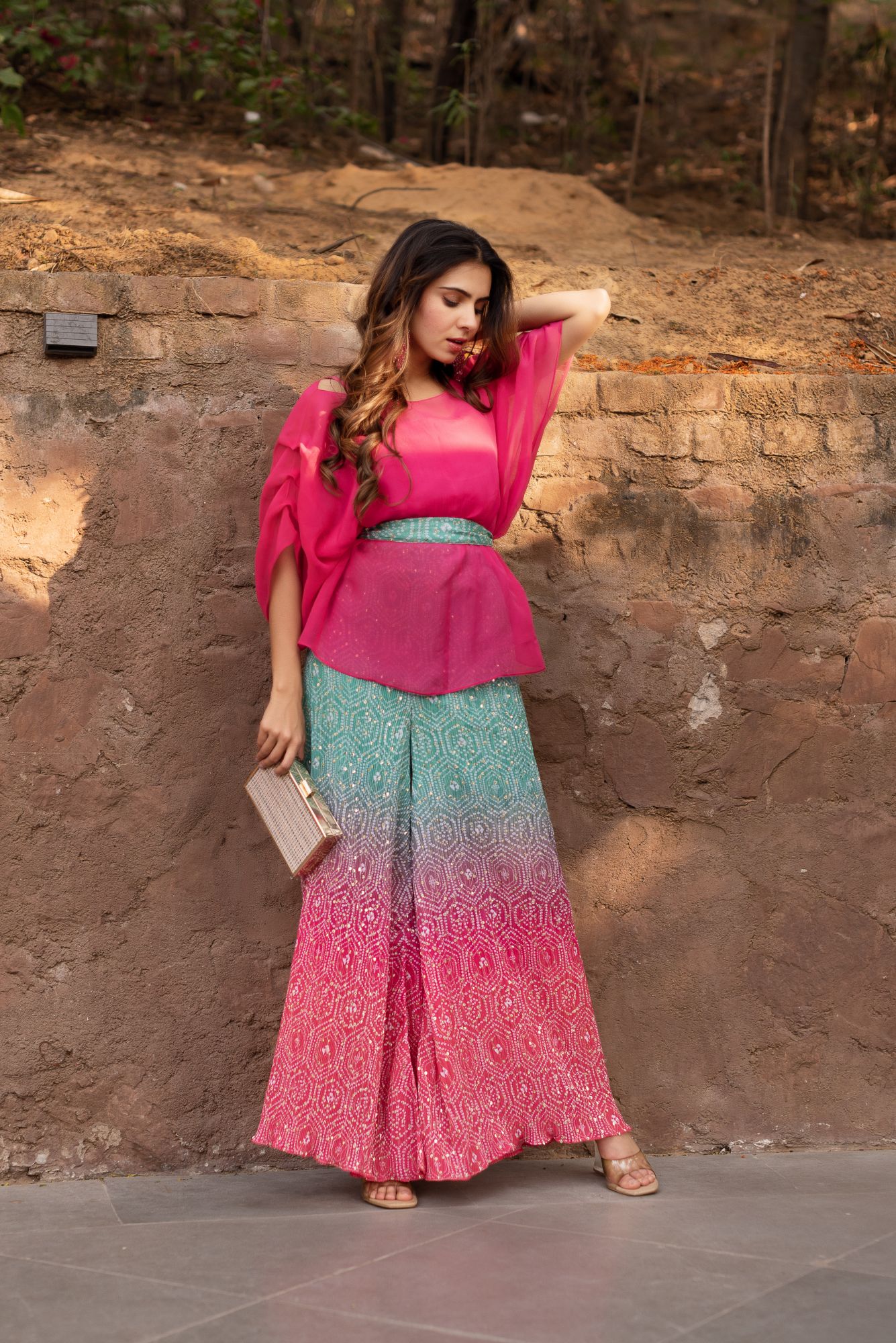 Pink and Green Crushed Sharara Set