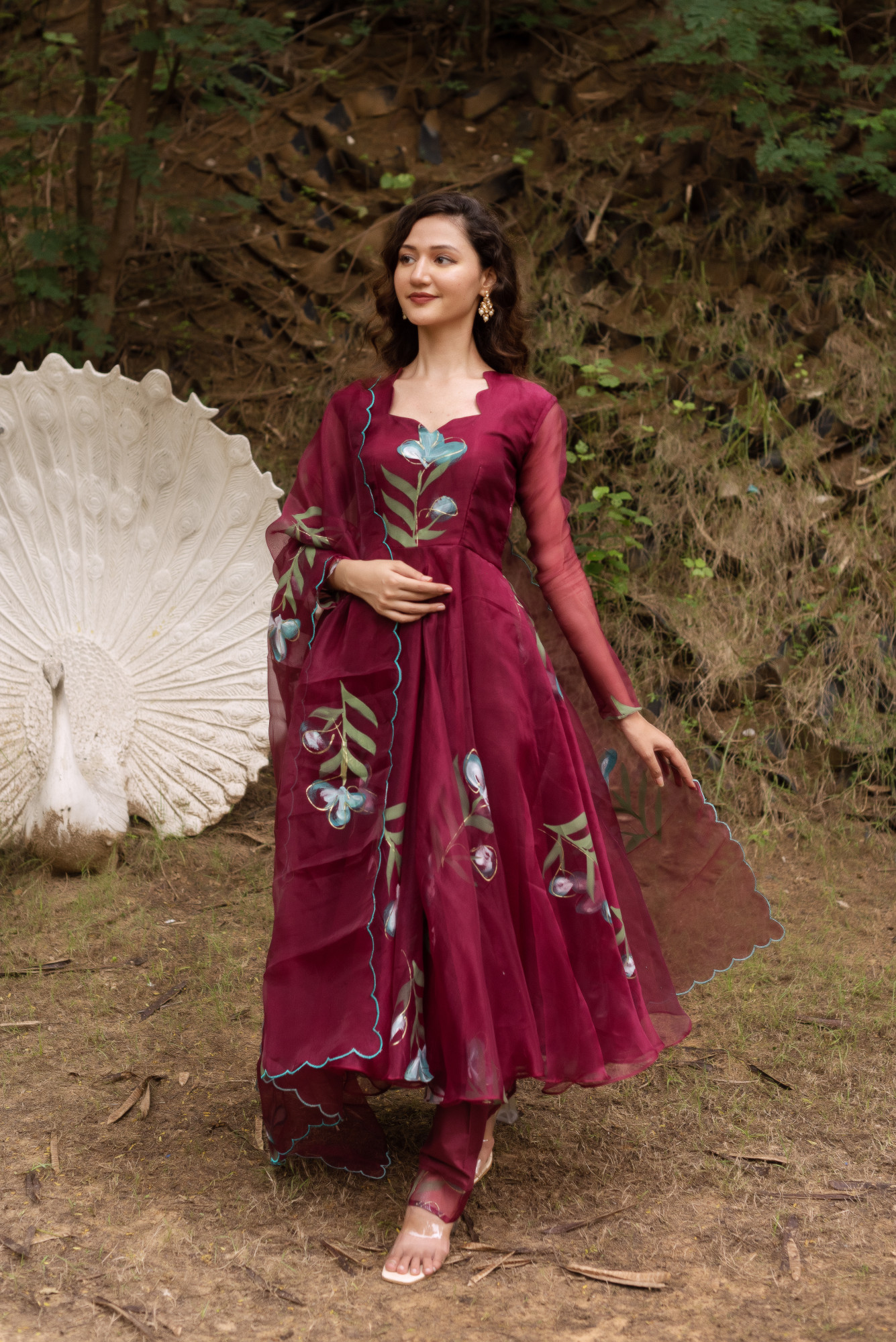 Wine Handpainted Anarkali Suit Set