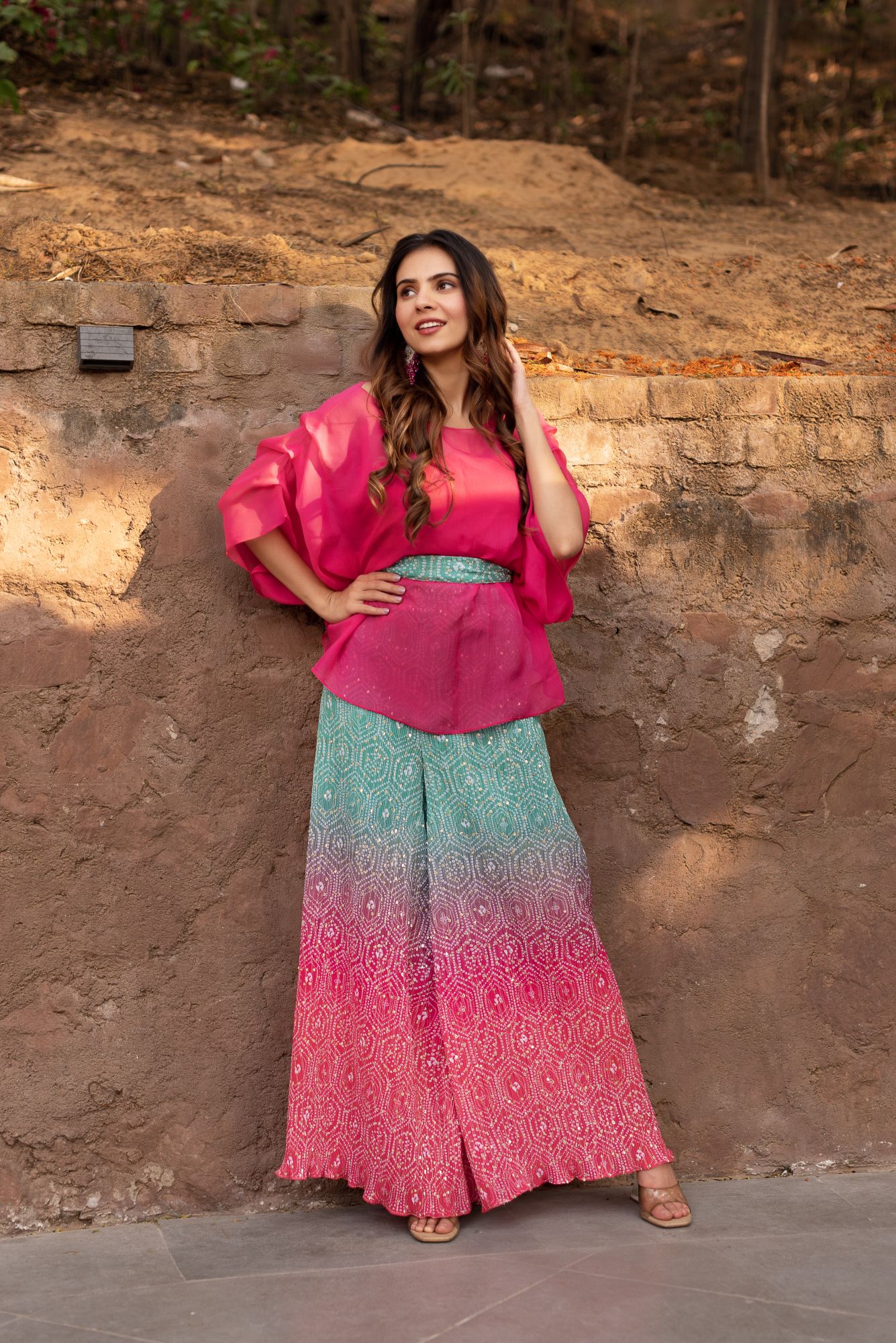 Pink and Green Crushed Sharara Set