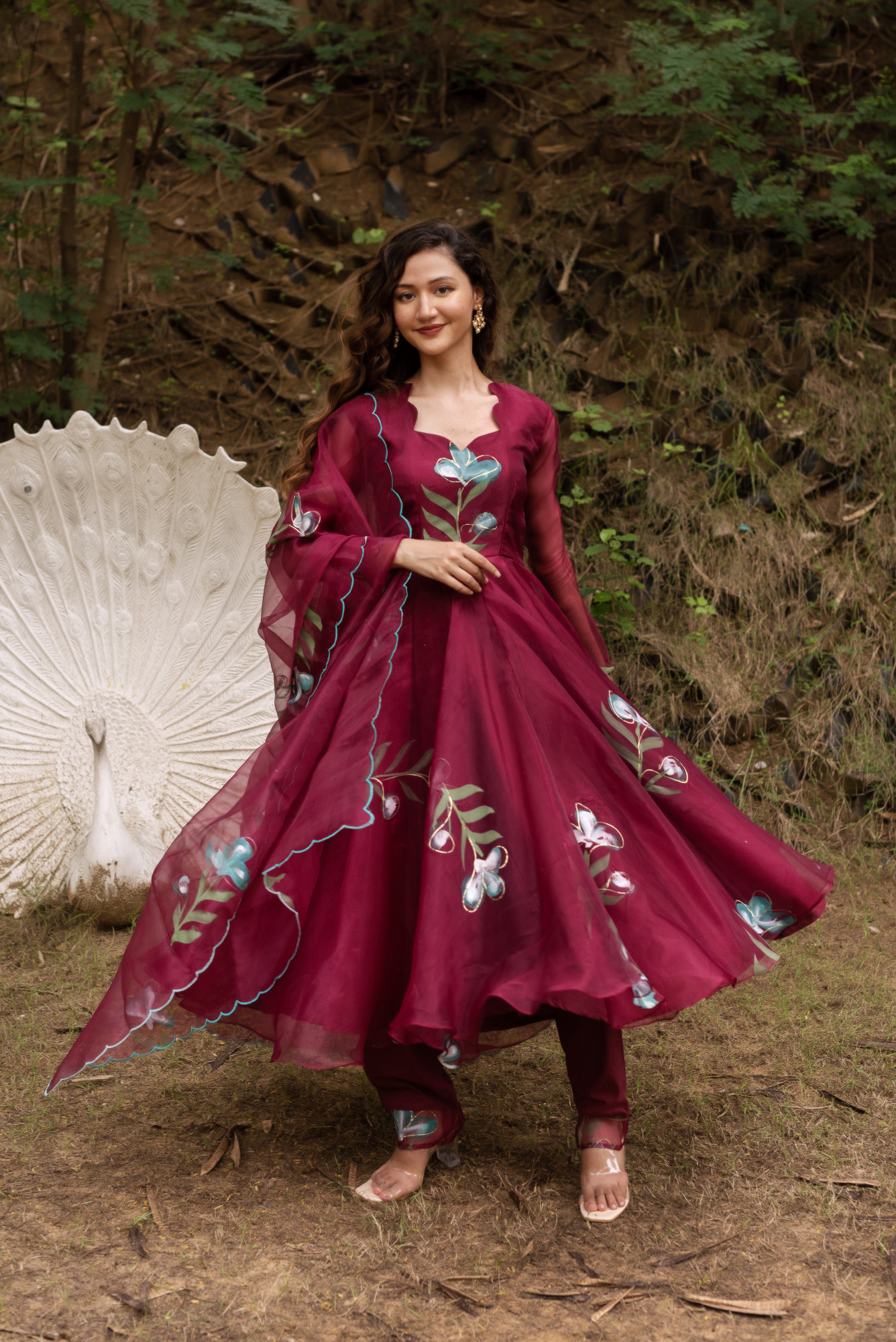 Wine Handpainted Anarkali Suit Set