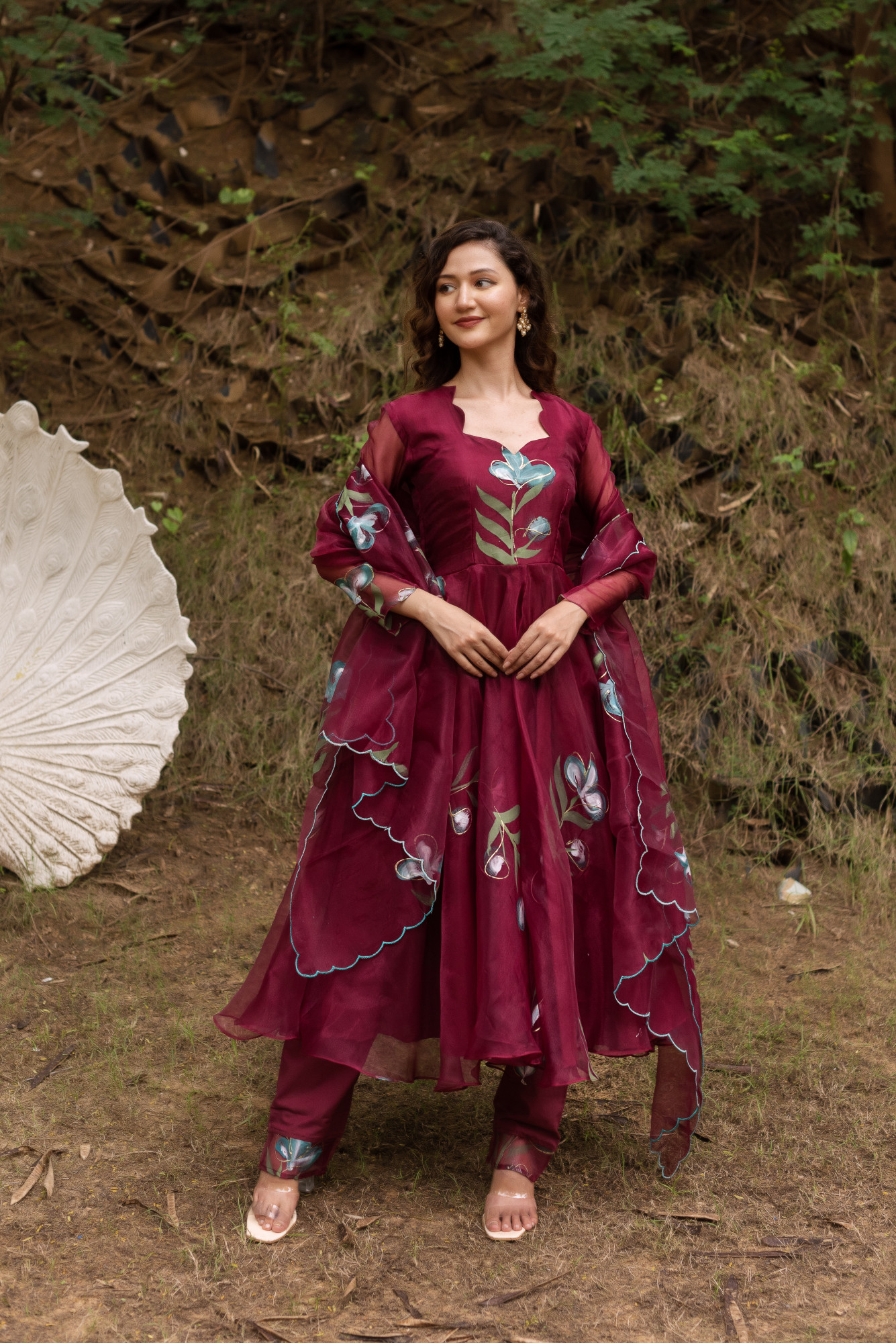 Wine Handpainted Anarkali Suit Set