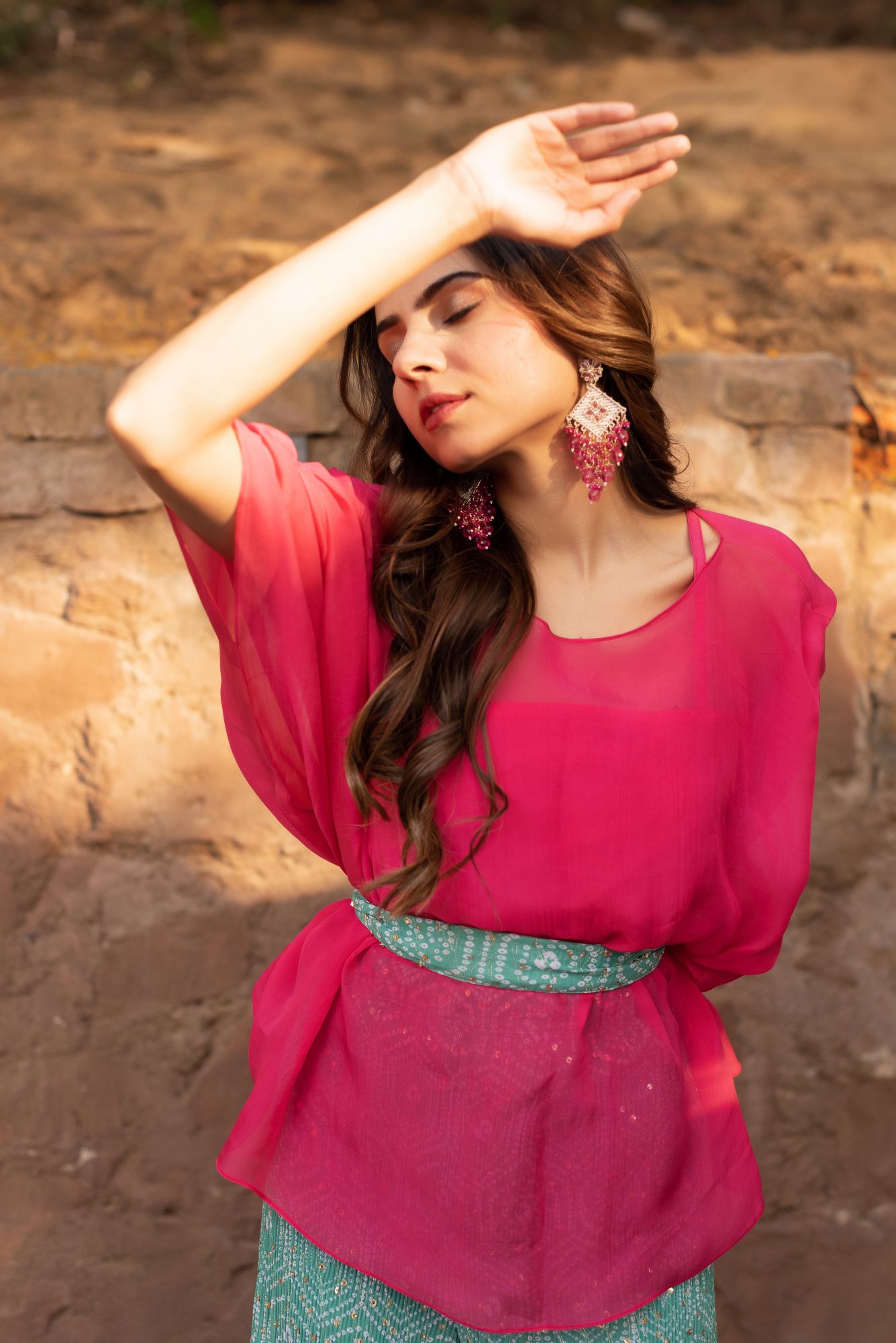 Pink and Green Crushed Sharara Set
