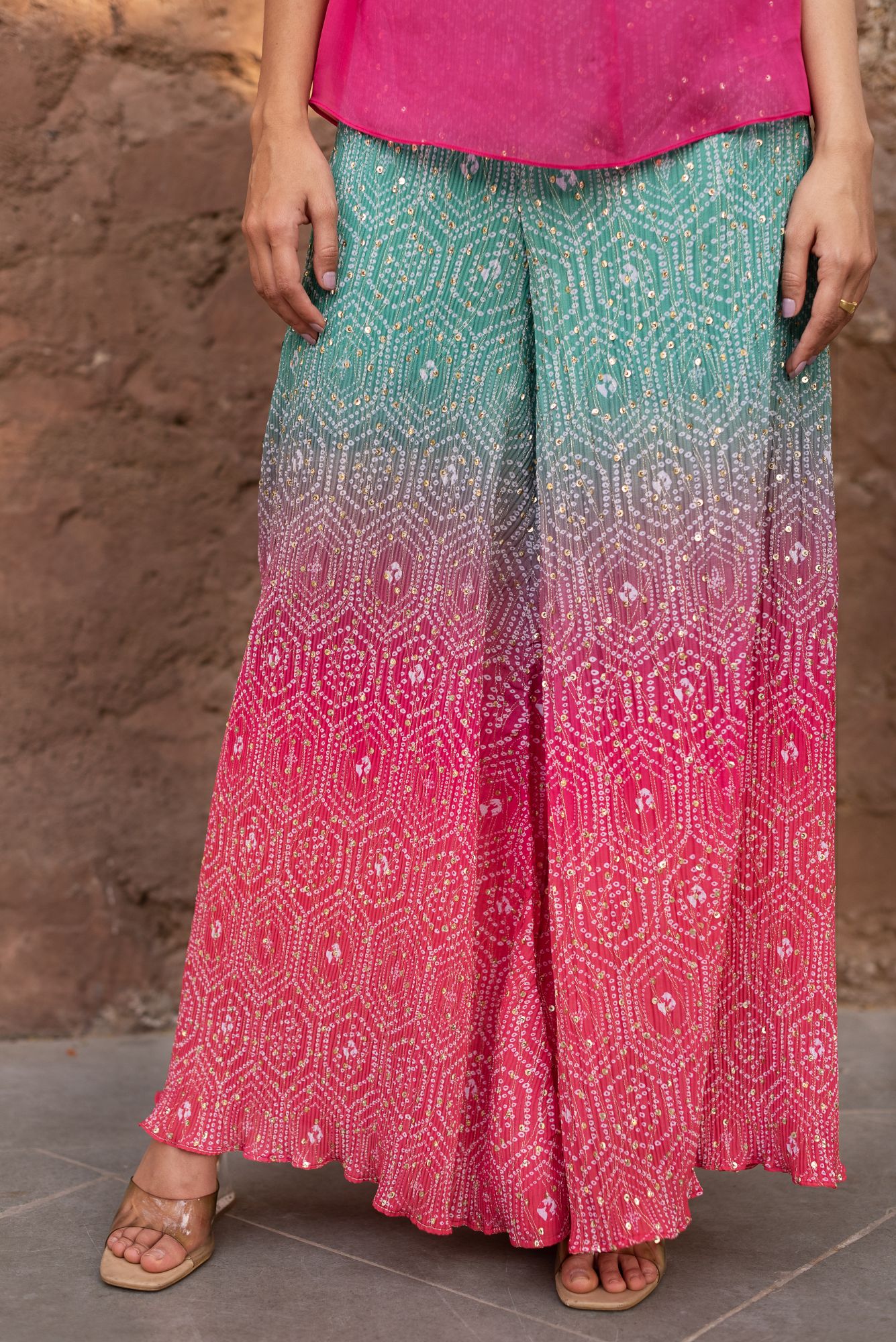 Pink and Green Crushed Sharara Set