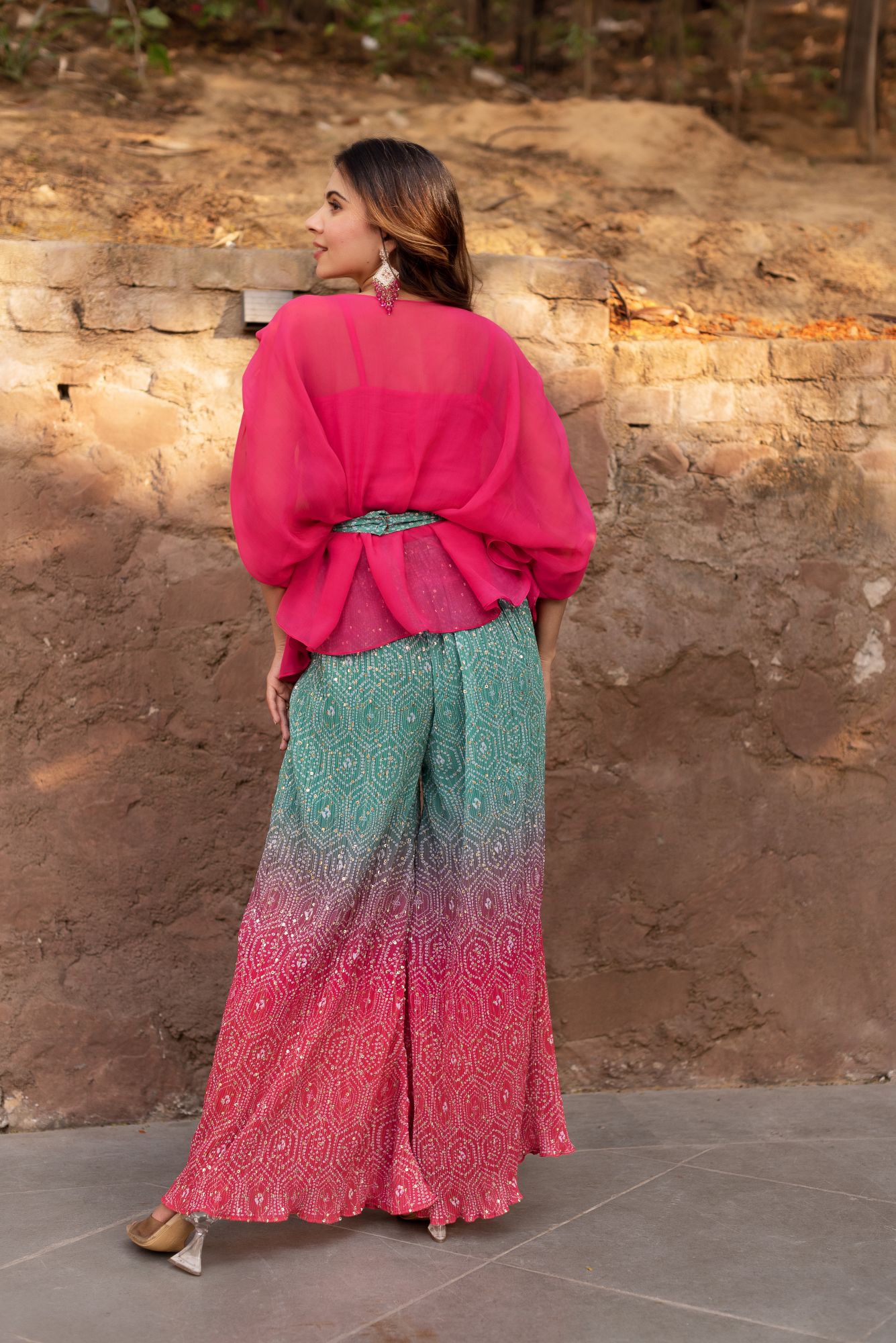 Pink and Green Crushed Sharara Set