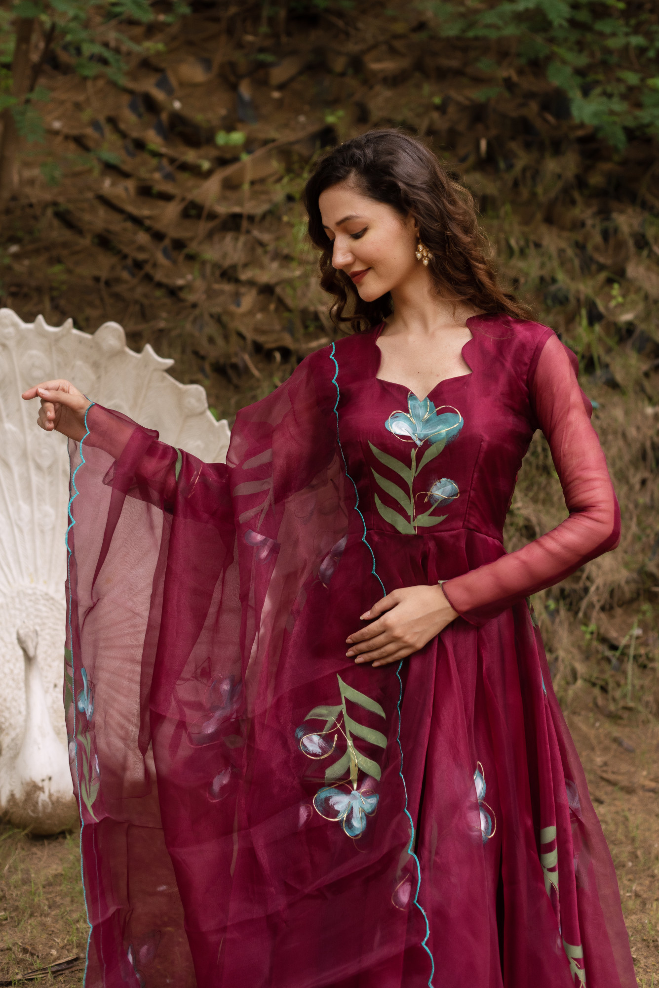 Wine Handpainted Anarkali Suit Set