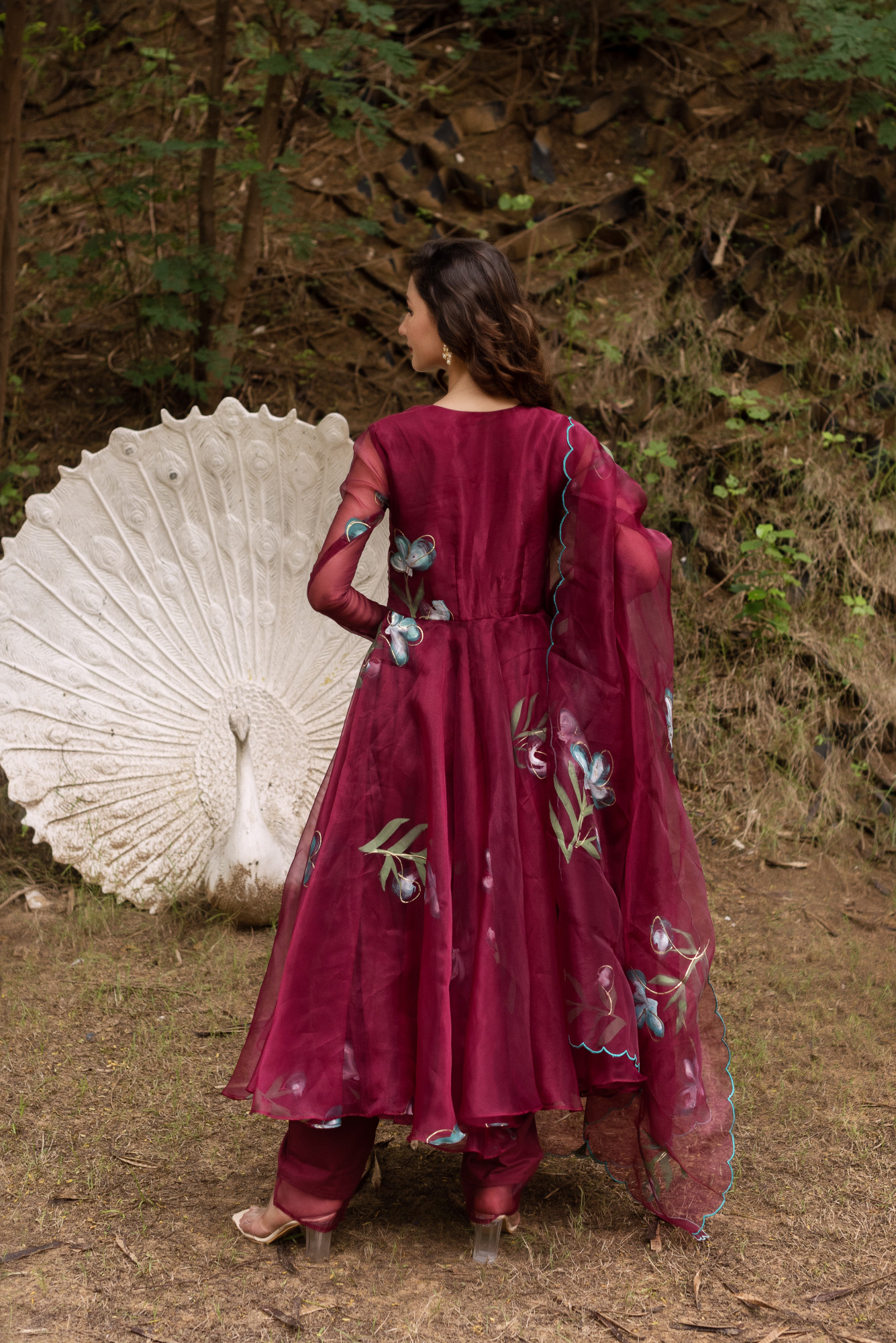 Wine Handpainted Anarkali Suit Set