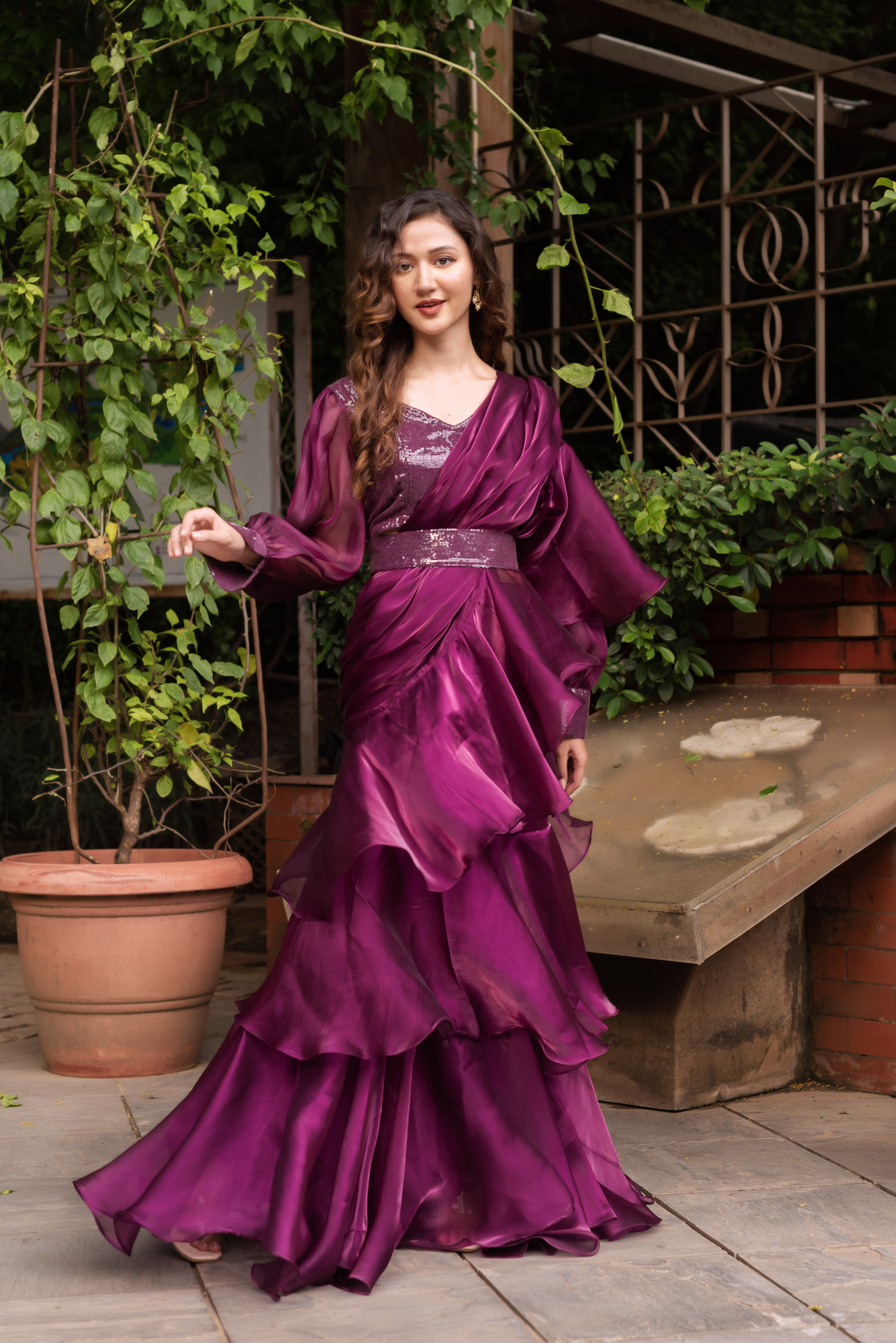 Wine Organza Ready To Drape Saree with Seqin Blouse And Belt