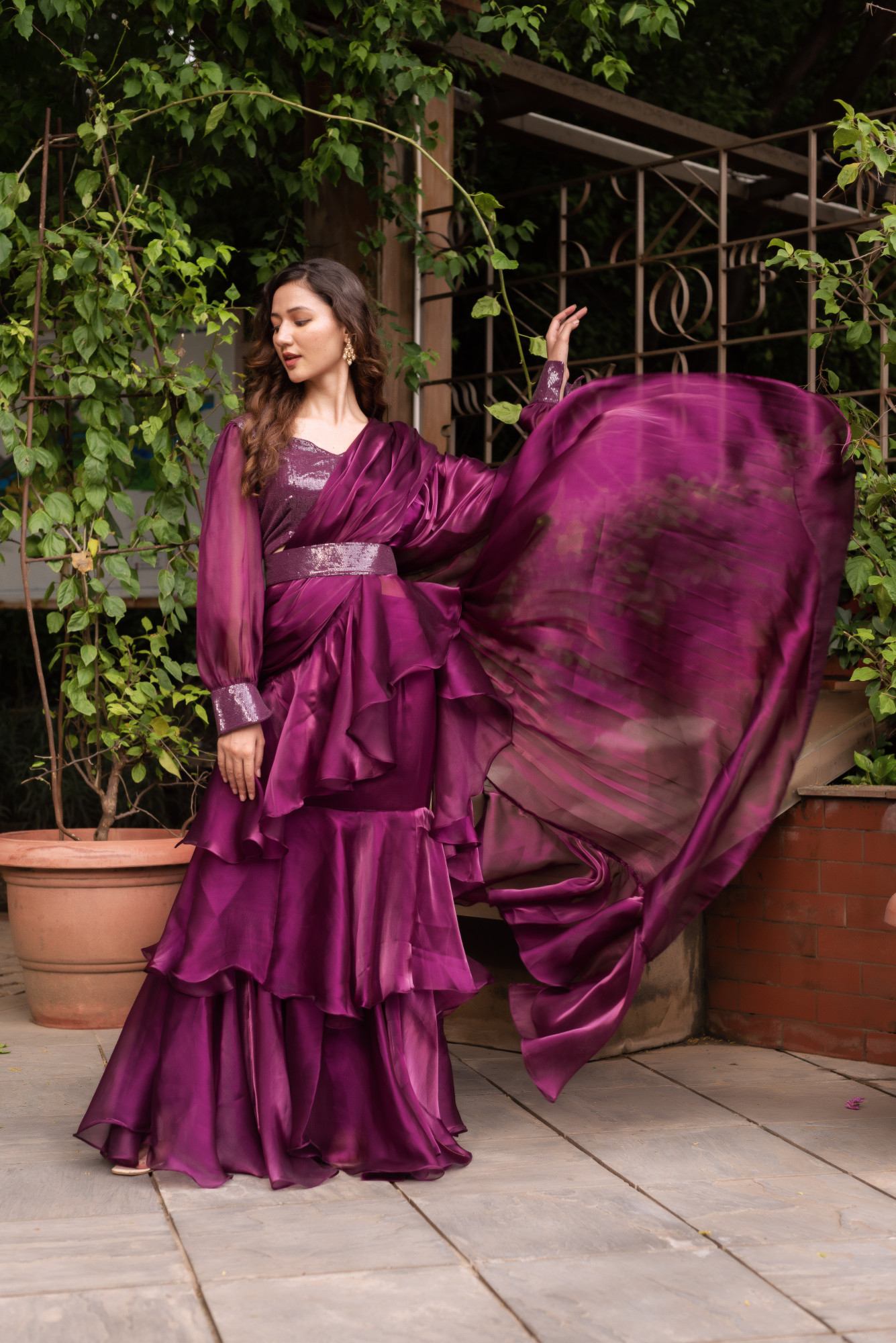 Wine Organza Ready To Drape Saree with Seqin Blouse And Belt
