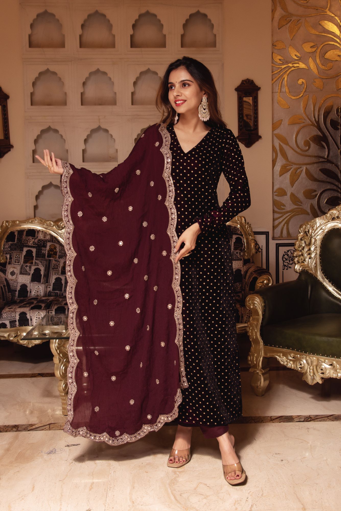 Wine Embroided Velvet Straight Suit with Scalped Dupatta