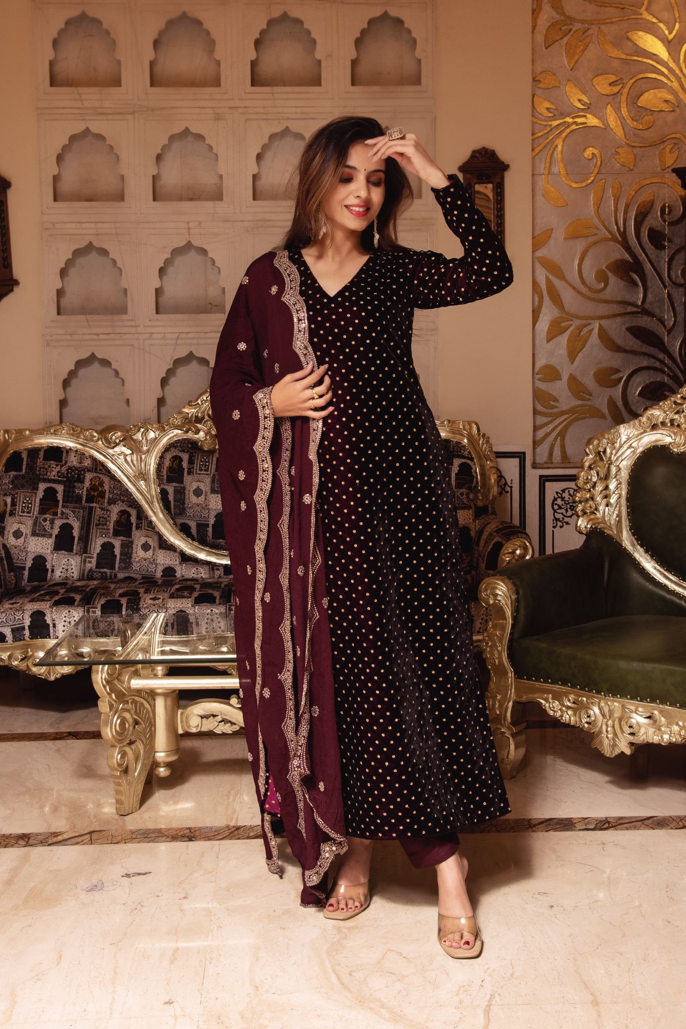 Wine Embroided Velvet Straight Suit with Scalped Dupatta