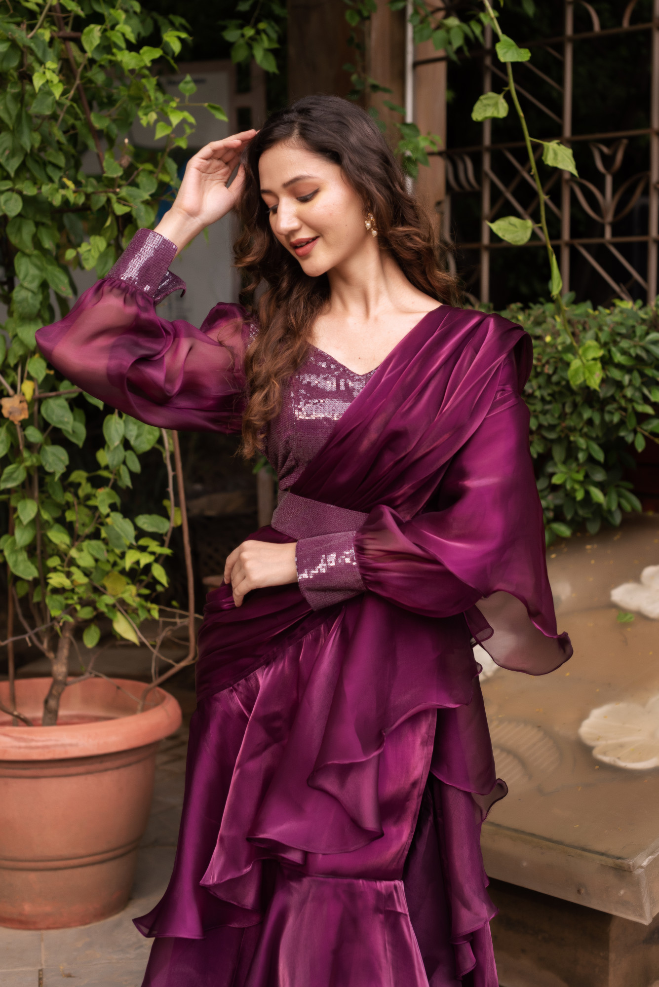 Wine Organza Ready To Drape Saree with Seqin Blouse And Belt