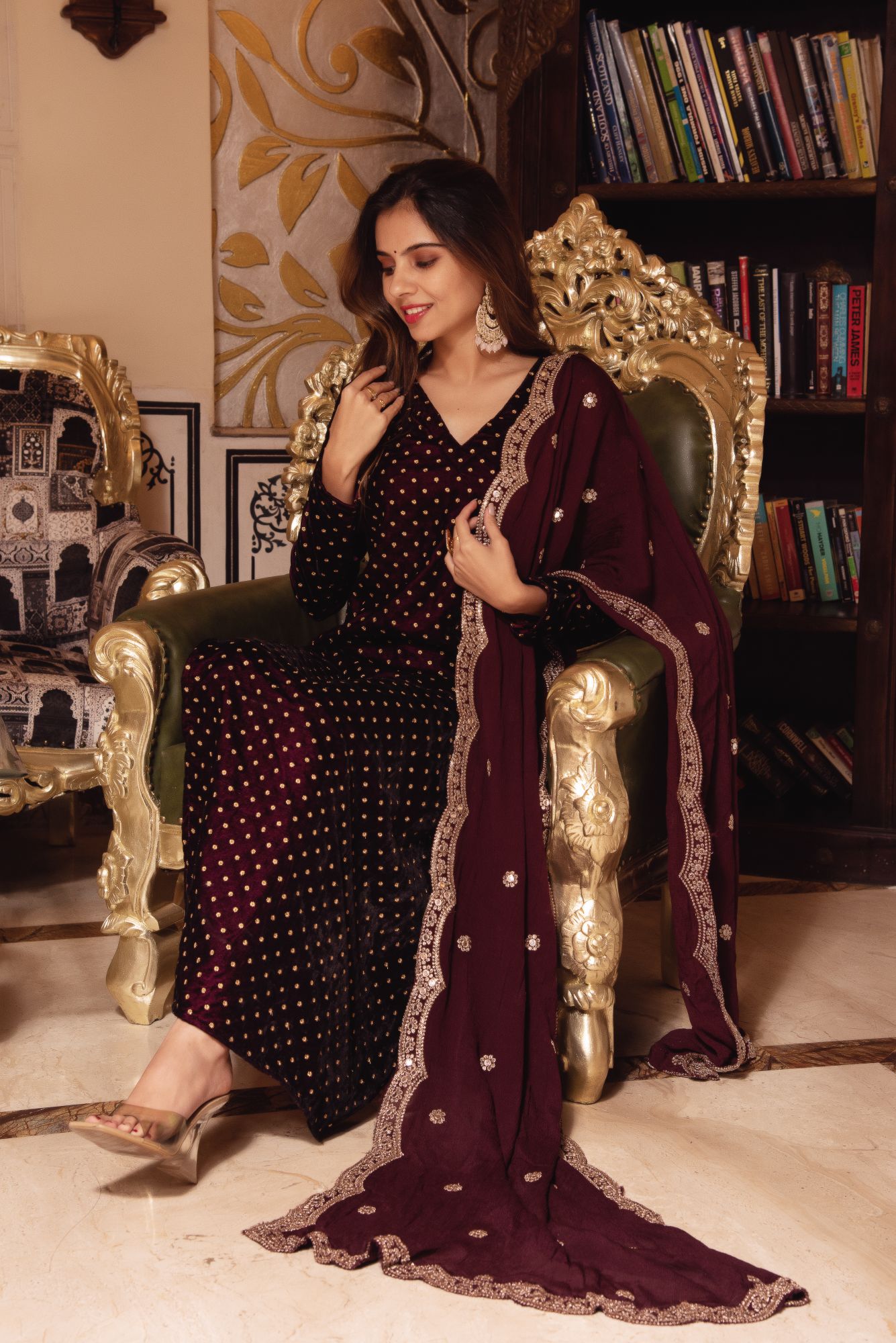 Wine Embroided Velvet Straight Suit with Scalped Dupatta