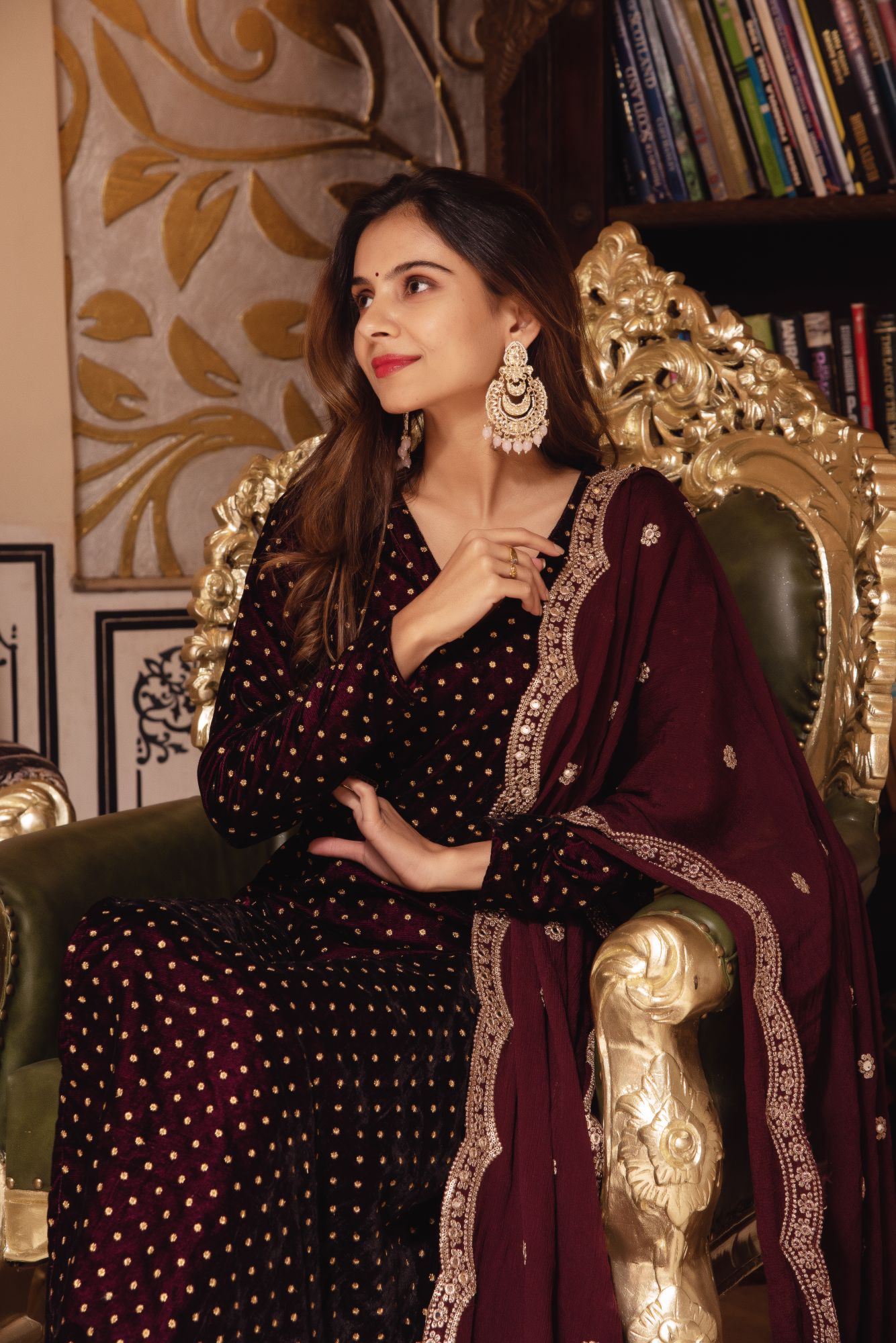 Wine Embroided Velvet Straight Suit with Scalped Dupatta