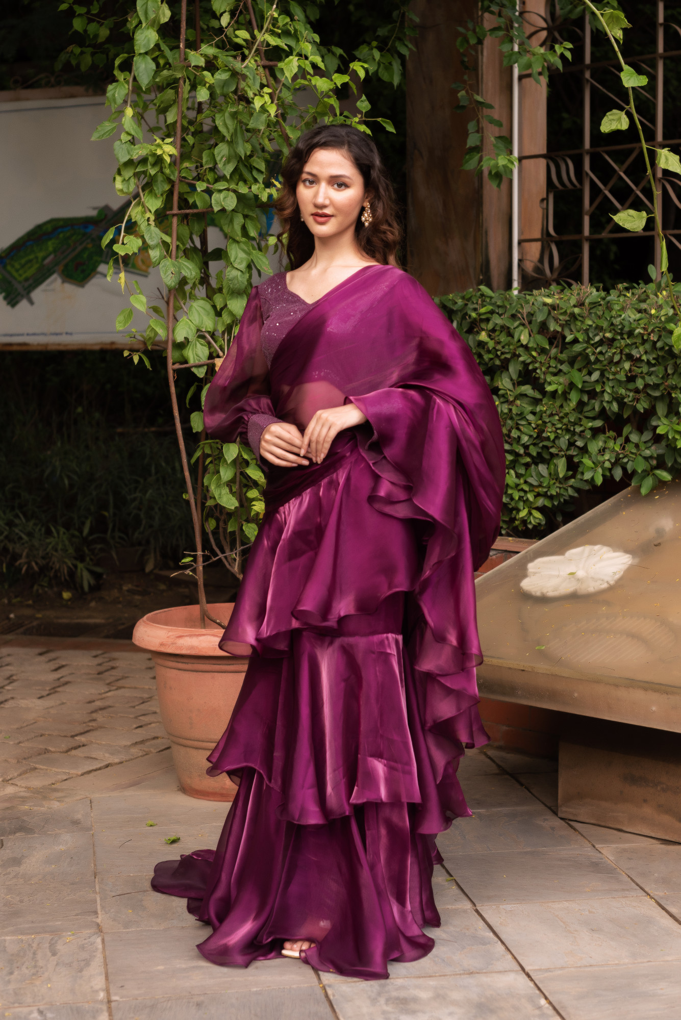 Wine Organza Ready To Drape Saree with Seqin Blouse And Belt