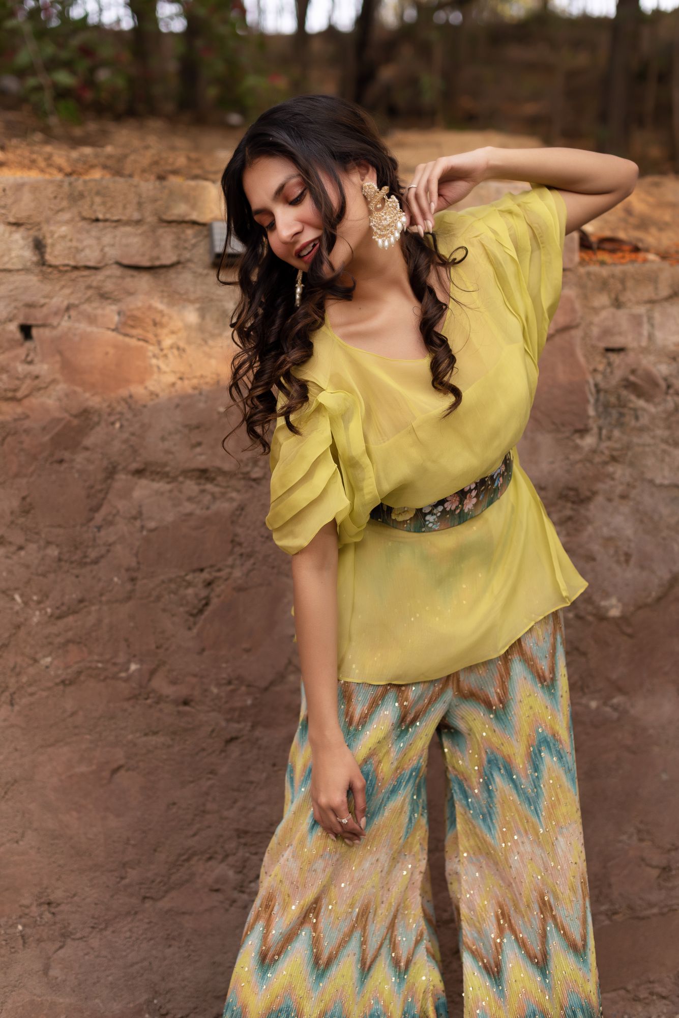 Black and Yellow Chrused Sharara Set