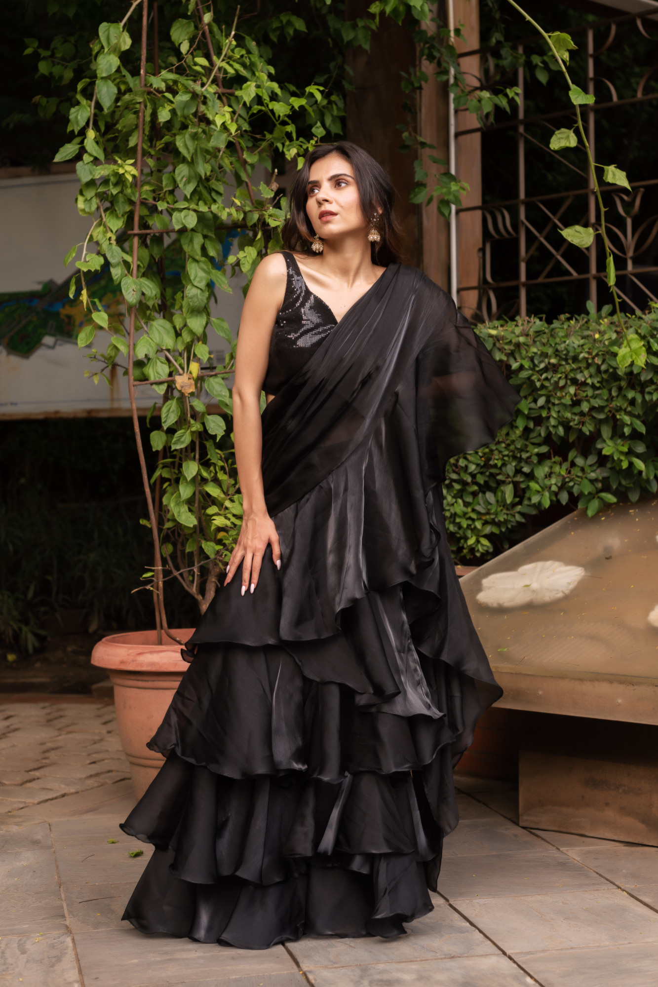 Black Organza Ready To Drape Saree with Seqin Blouse And Belt