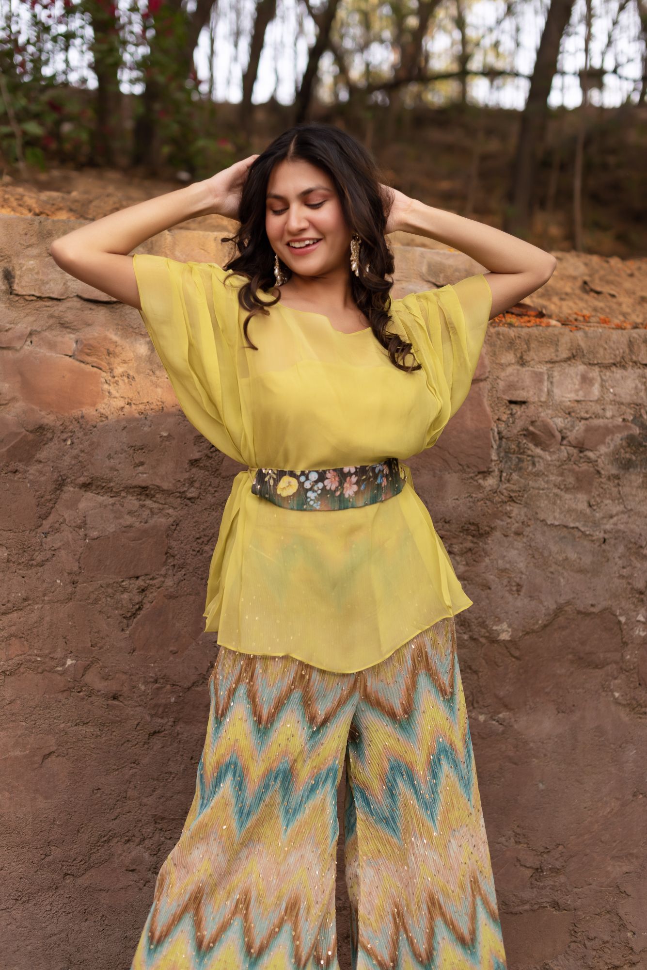 Black and Yellow Chrused Sharara Set