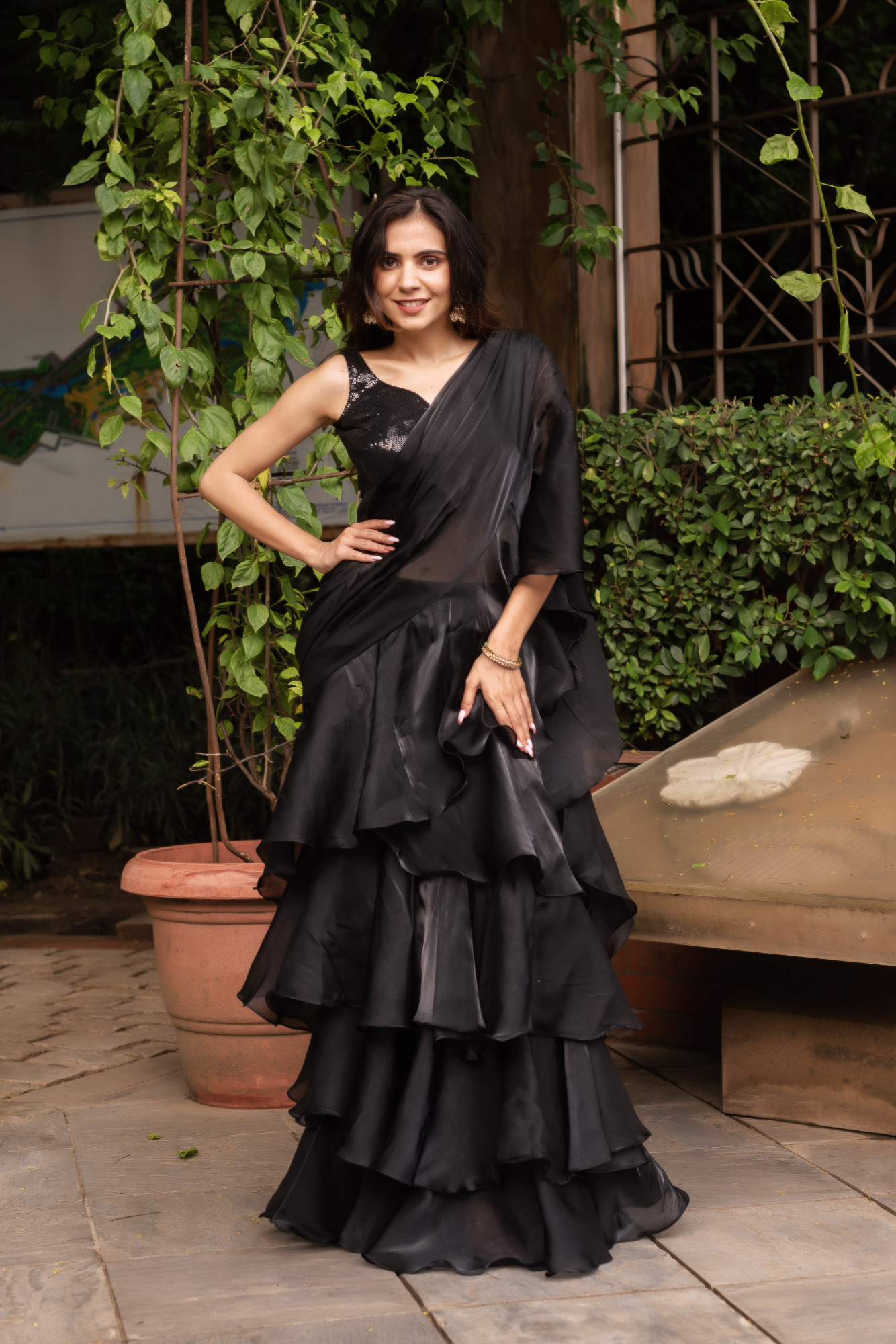 Black Organza Ready To Drape Saree with Seqin Blouse And Belt