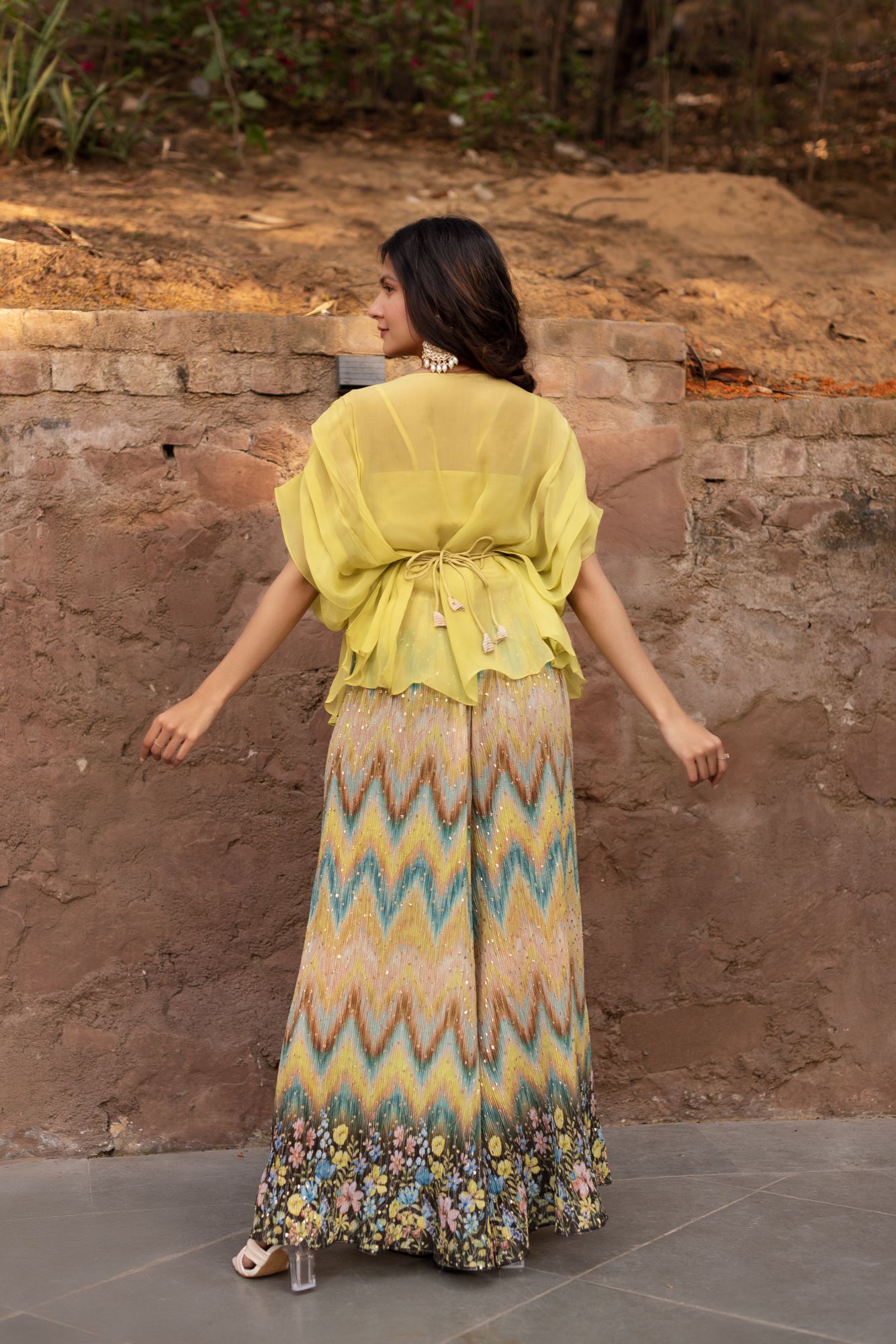 Black and Yellow Chrused Sharara Set