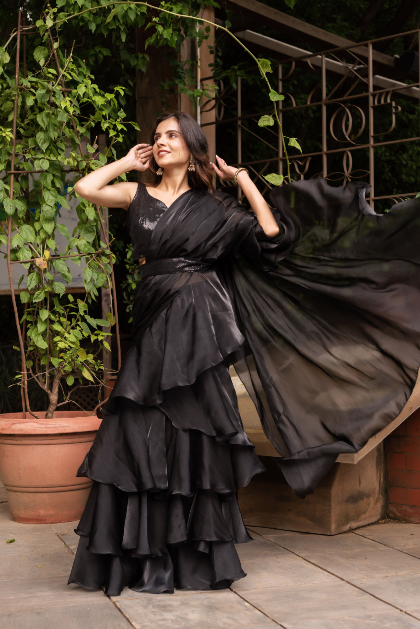 Black Organza Ready To Drape Saree with Seqin Blouse And Belt