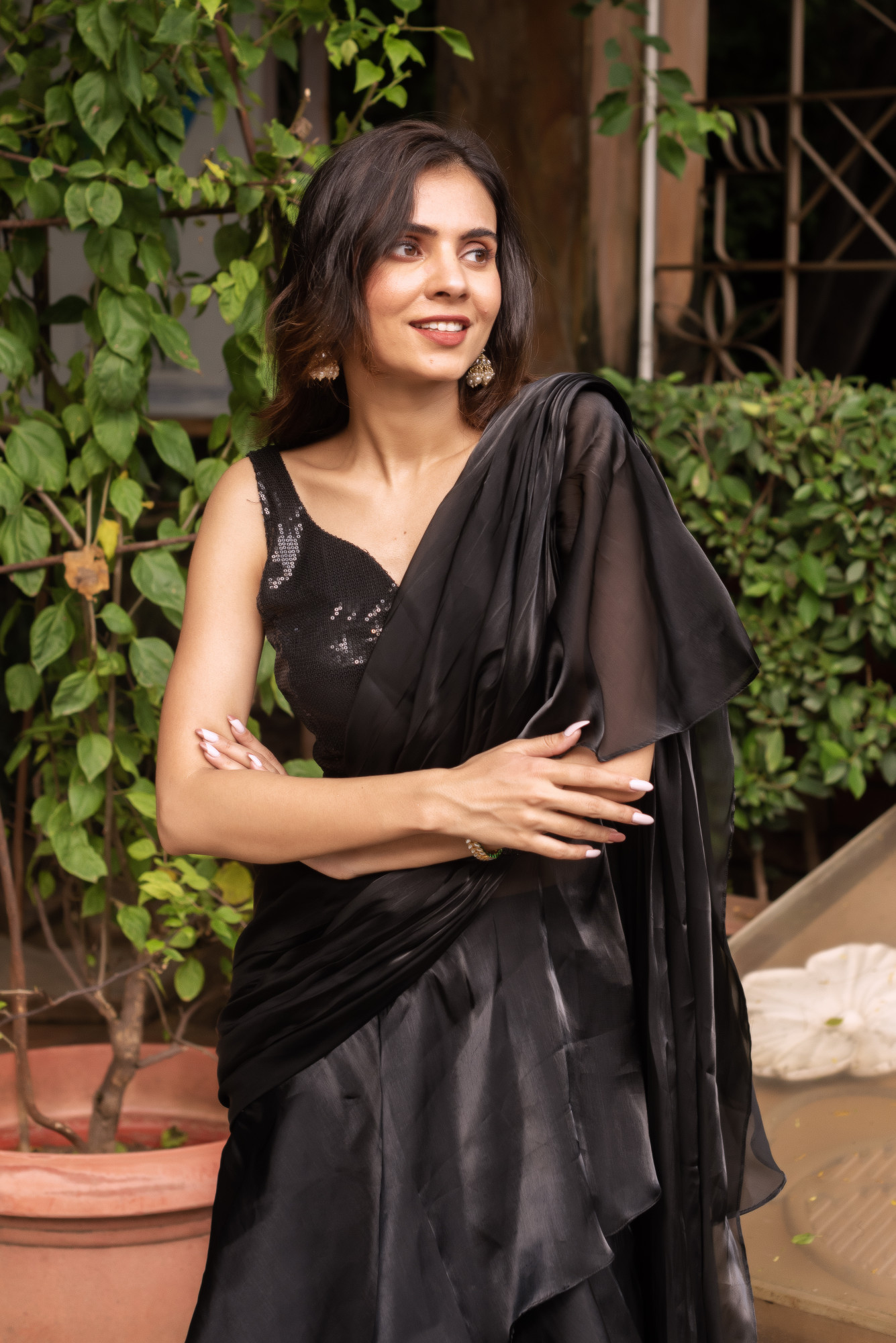 Black Organza Ready To Drape Saree with Seqin Blouse And Belt