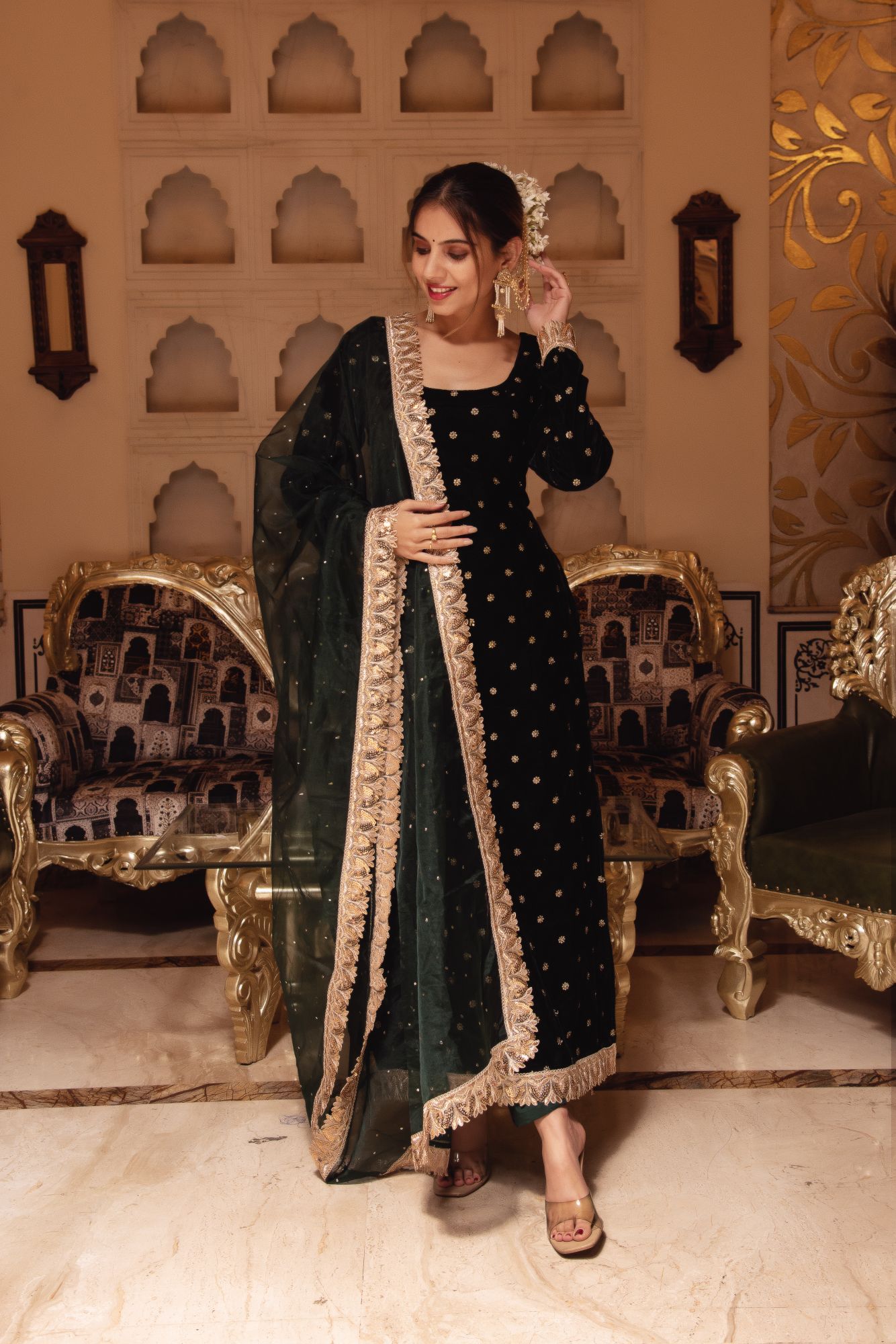 Bottle Green Velvet Straight Suit with sequined Dupatta